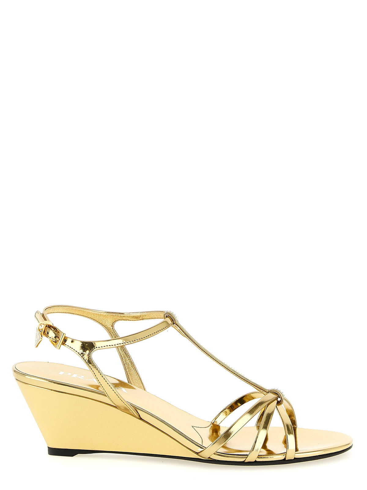 Prada Keilabsatz-Sandalen aus goldenem Kalbsleder