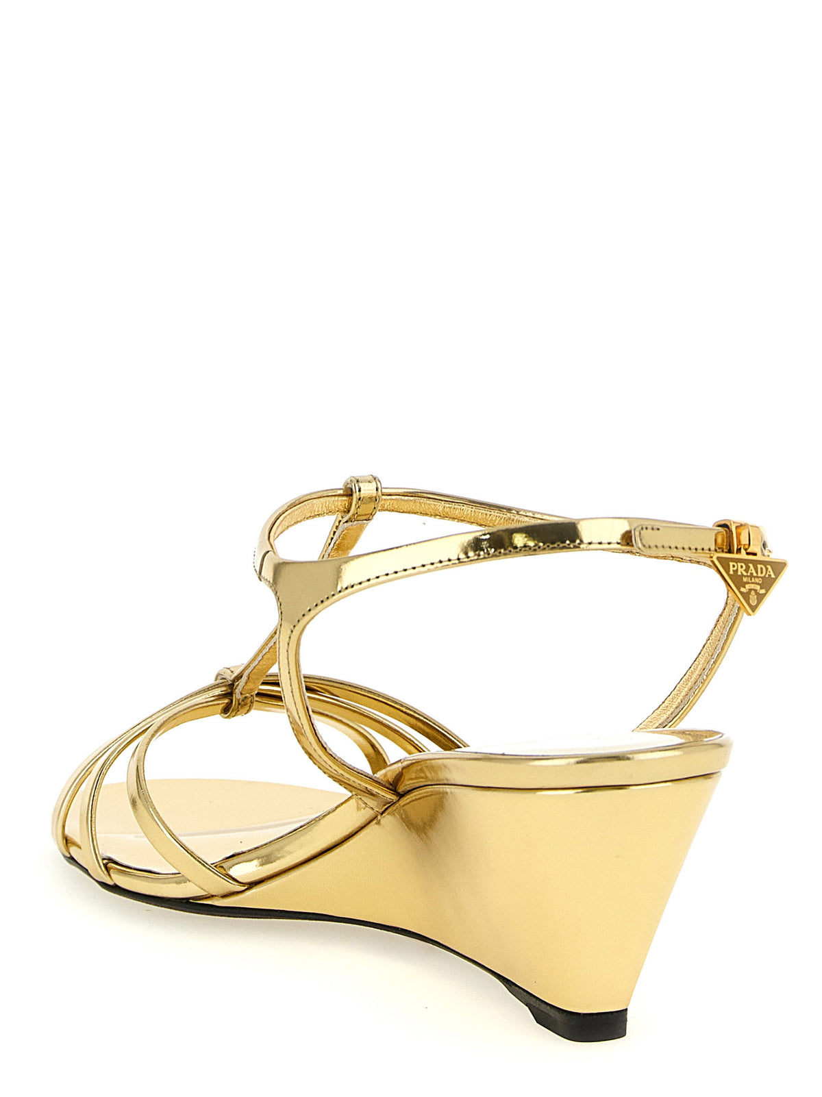 Prada Keilabsatz-Sandalen aus goldenem Kalbsleder