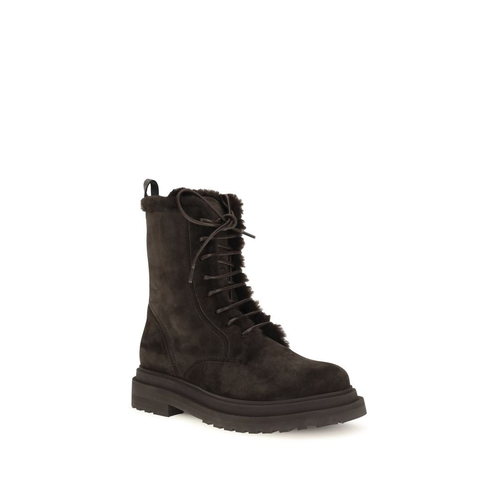 Brunello Cucinelli Schwarze Schnürstiefel aus Kalbsleder Bos Taurus