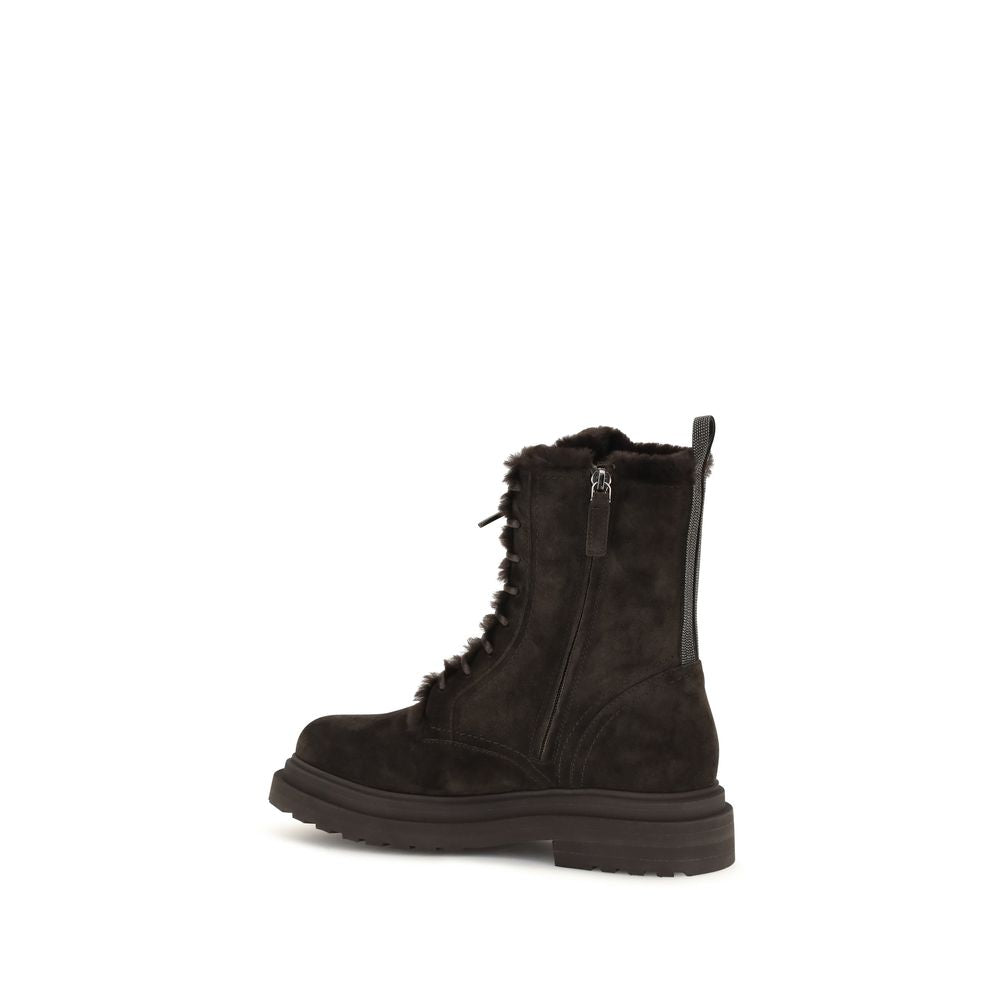 Brunello Cucinelli Schwarze Schnürstiefel aus Kalbsleder Bos Taurus