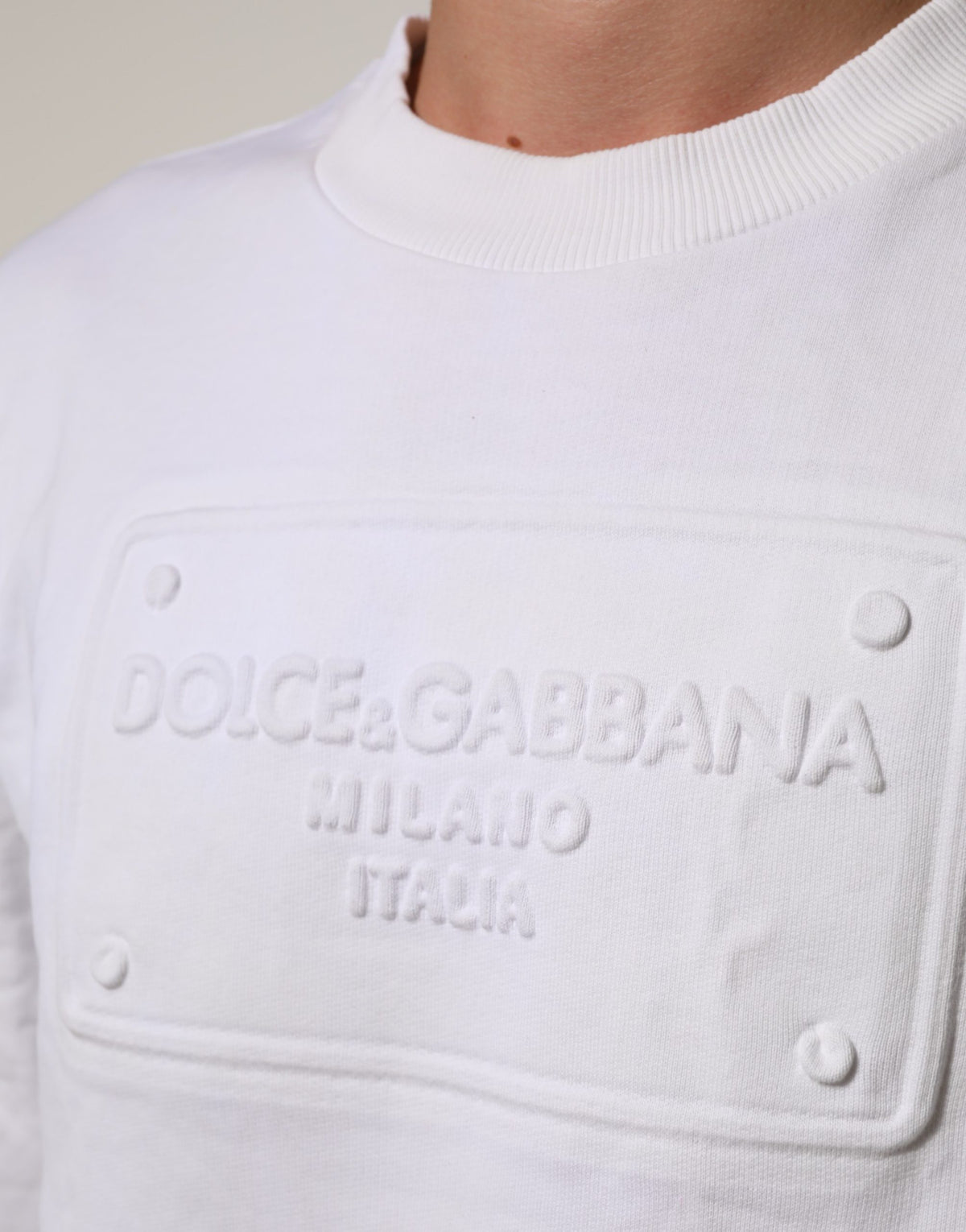 Dolce & Gabbana Weißer Baumwoll-Sweatshirtpullover mit Logo-Prägung