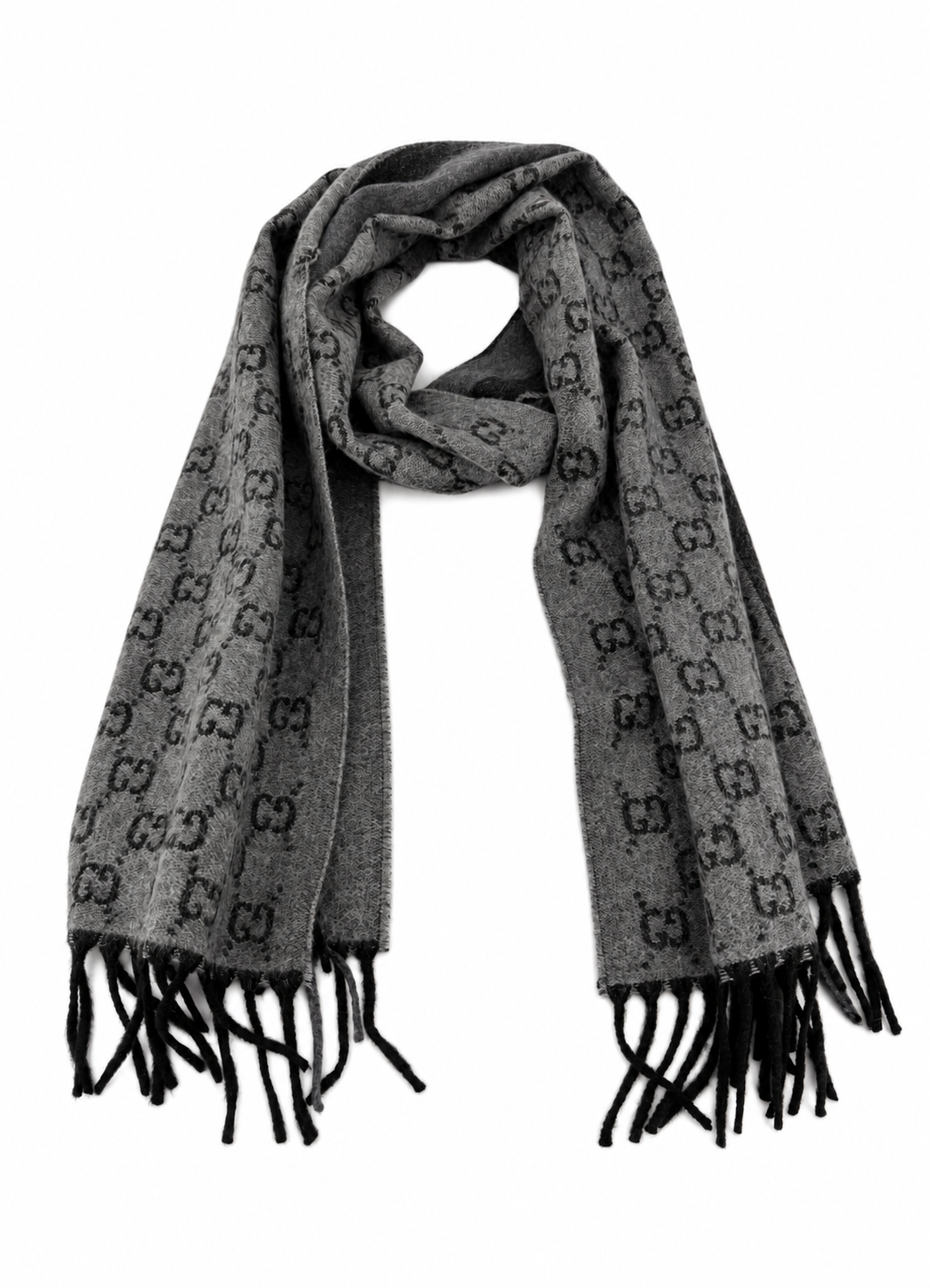 Gucci Monogram Schal aus grauer Wolle mit Fransen