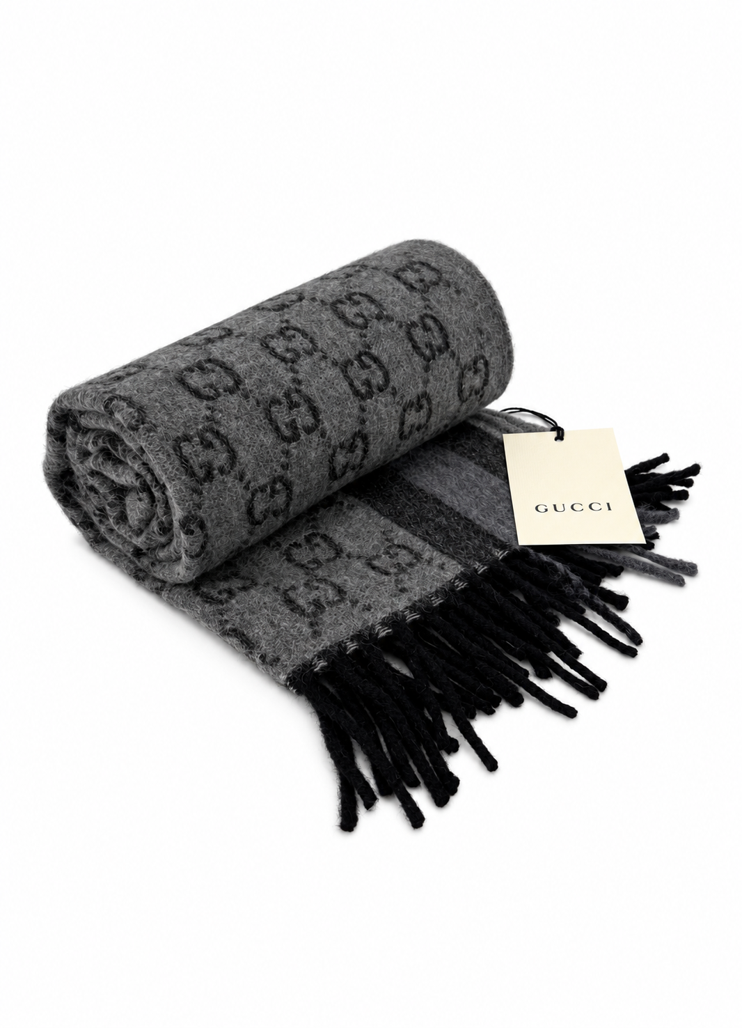 Gucci Monogram Schal aus grauer Wolle mit Fransen