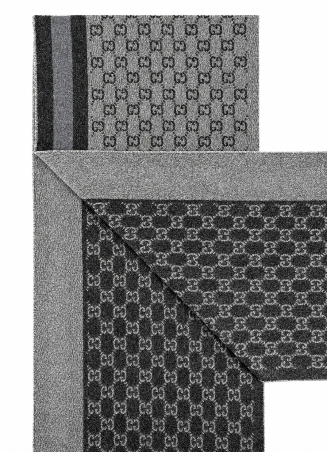 Gucci Monogram Schal aus grauer Wolle mit Fransen