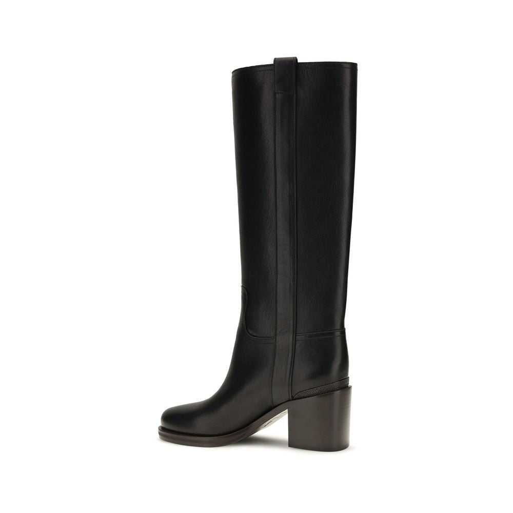Brunello Cucinelli Schwarze Kalbsleder Bos Taurus High Heel Stiefel