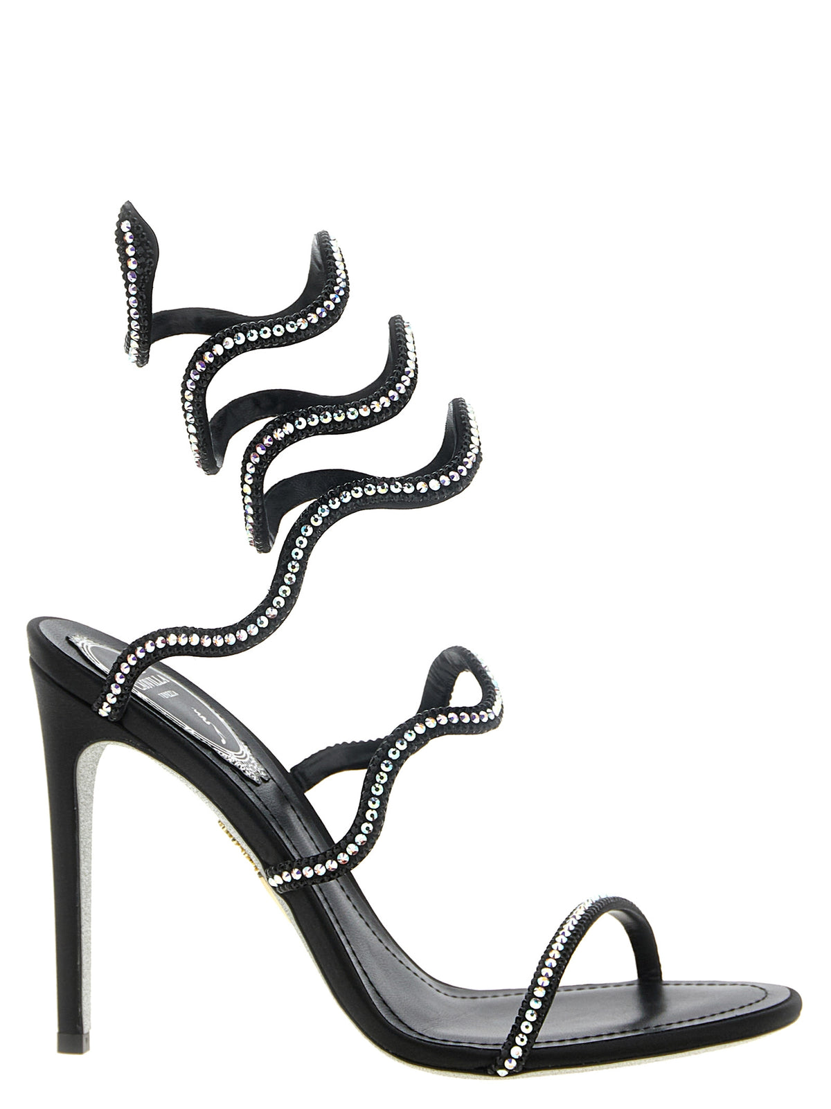 RENE CAOVILLA Schwarze Stiletto-Sandalen aus Satin
