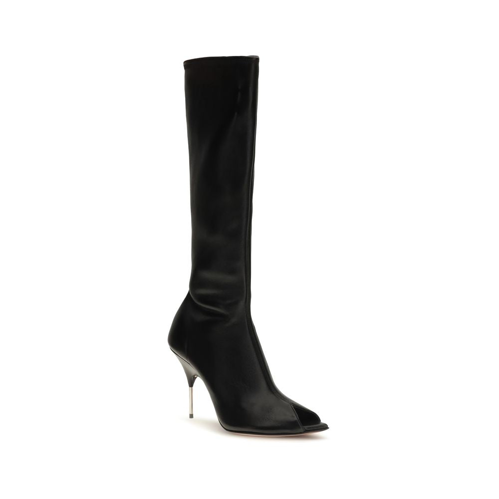 Amina Muaddi Schwarze Stiefel aus Nappa-Leder / Kalbsleder mit hohem Absatz