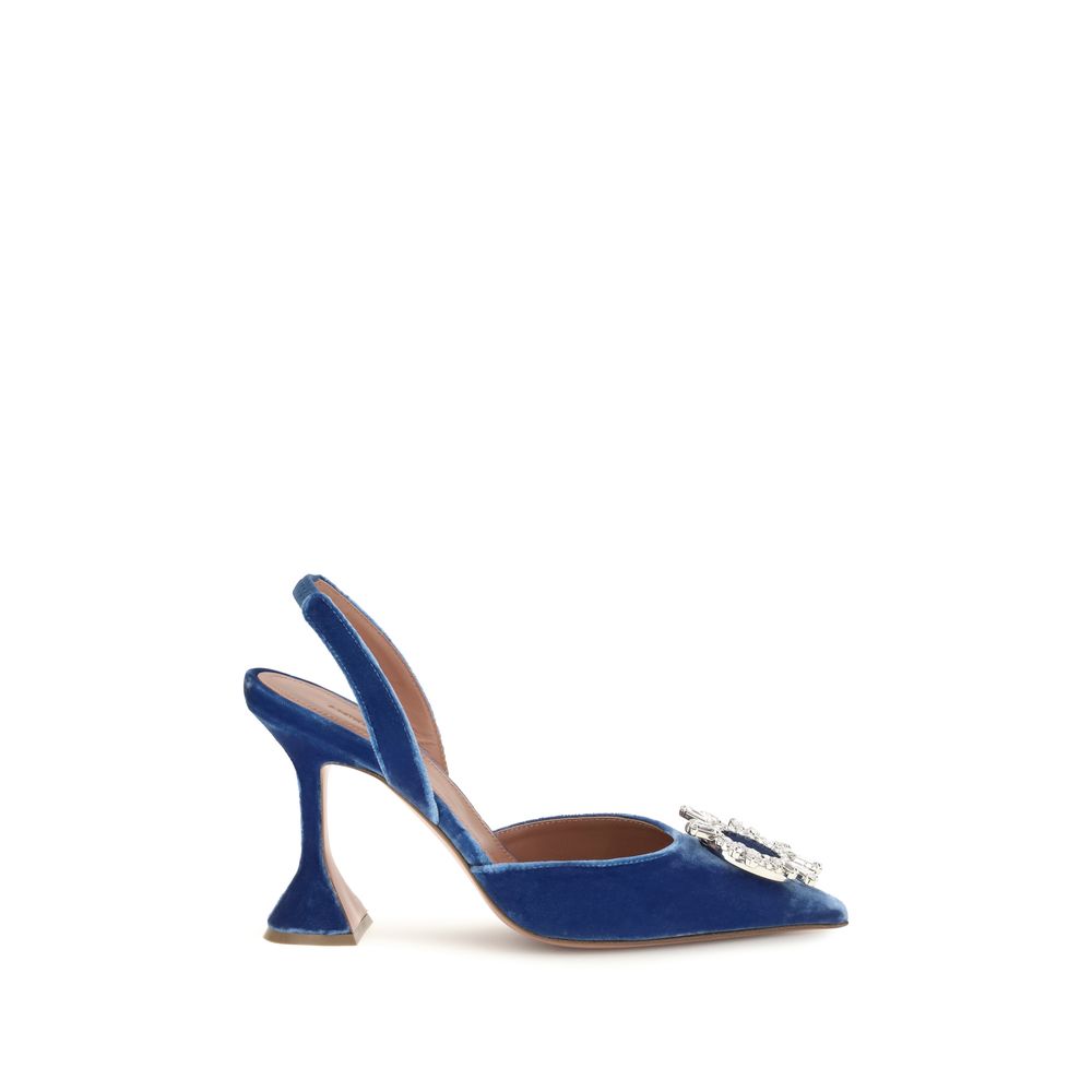 Amina Muaddi Blaue Samt-Sandalen