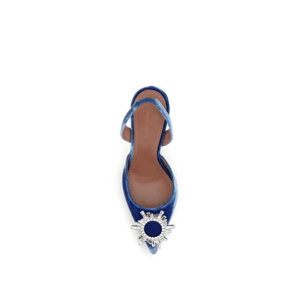 Amina Muaddi Blaue Samt-Sandalen