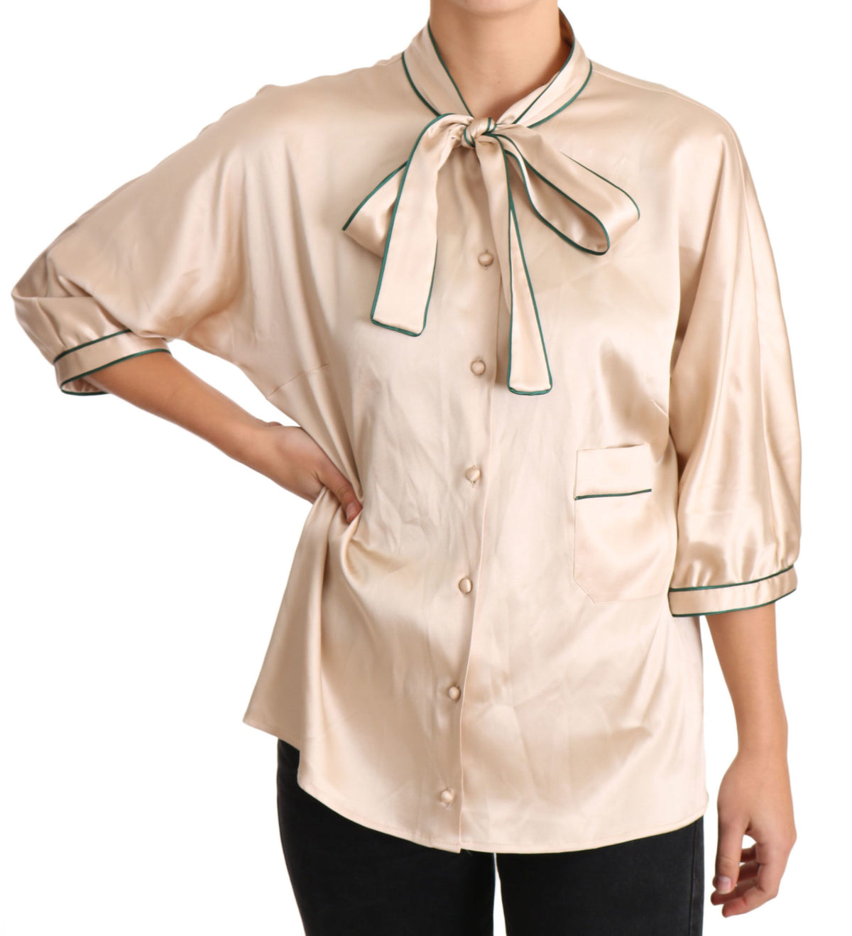 Dolce & Gabbana Beigefarbenes Bändchen-Seiden-Stretch-Top Bluse