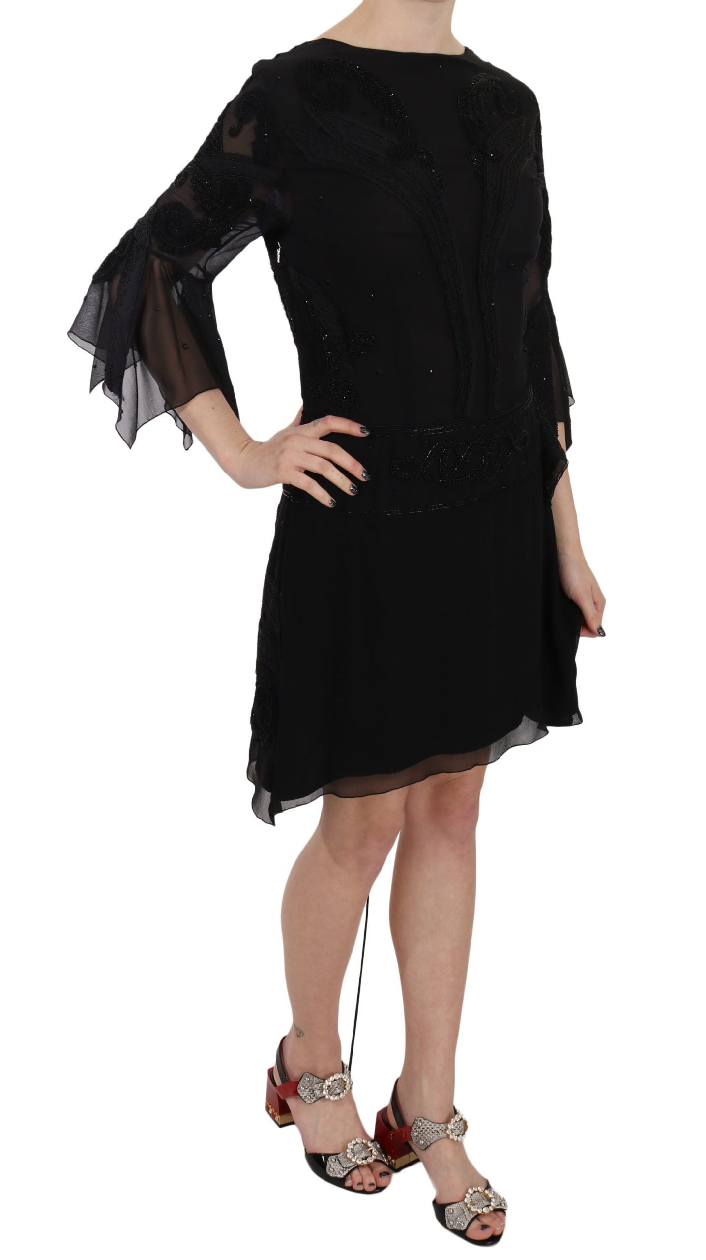 John Richmond Schwarzes Mini-Shiftkleid aus Seide mit Pailletten