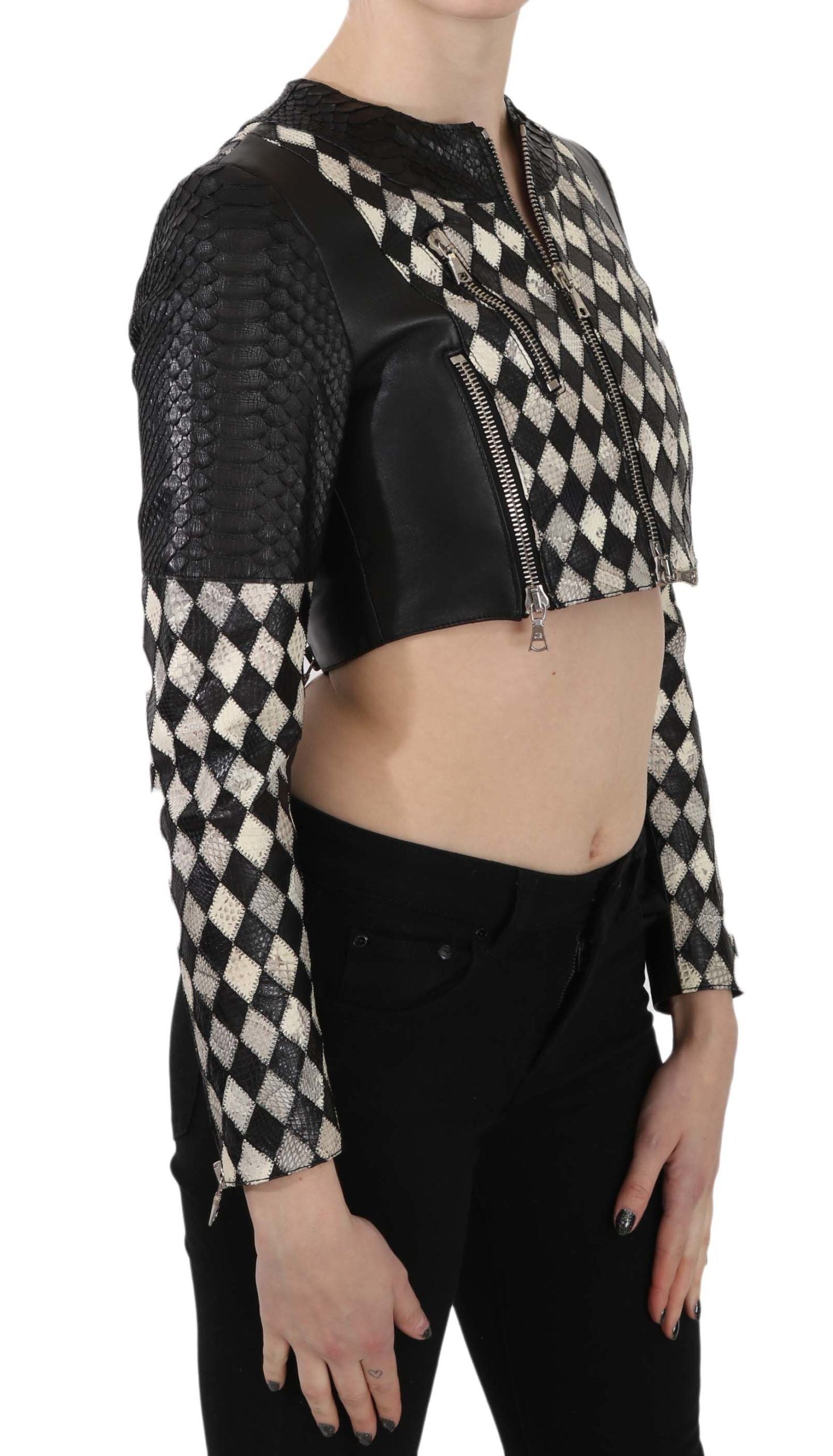 John Richmond Schwarz Weiß Leder Kurzer Cropped Biker Jacke Mantel