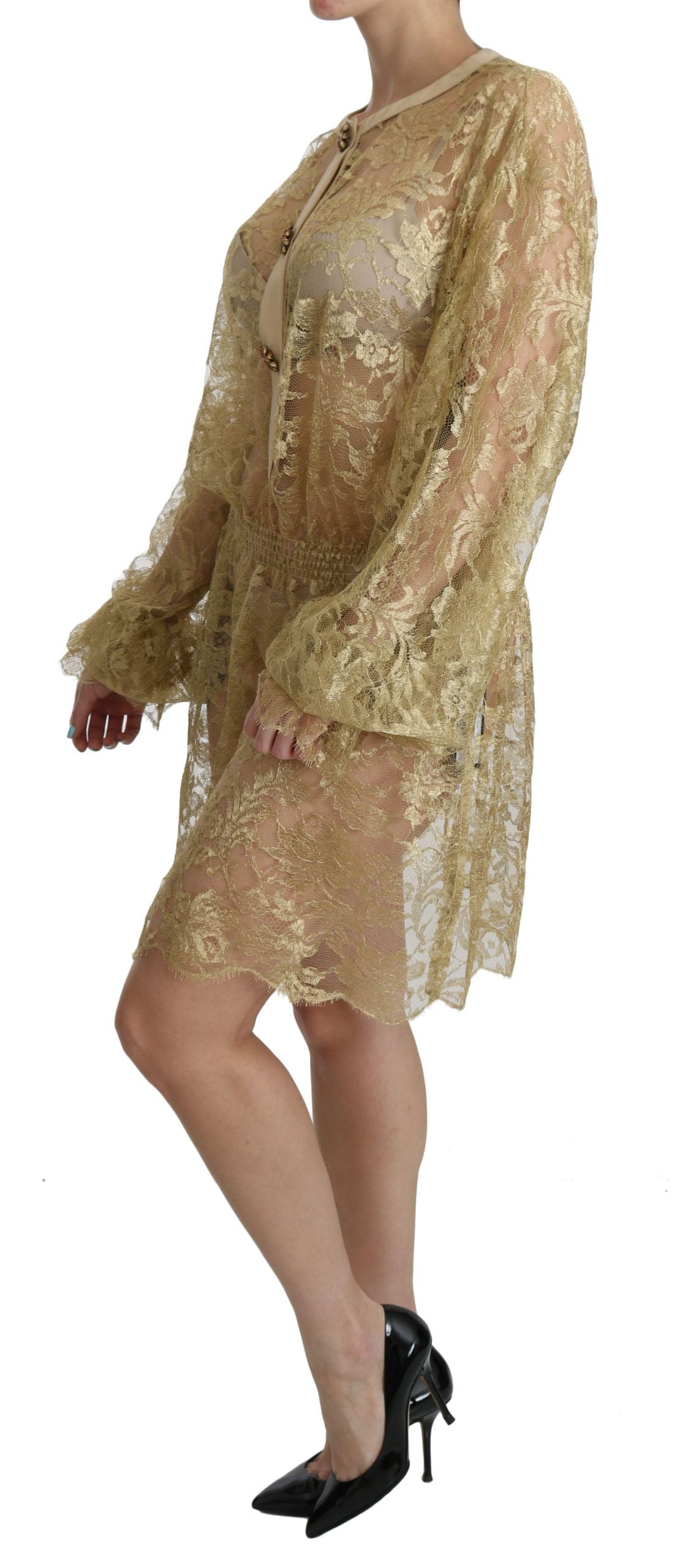 Dolce & Gabbana Goldfarbenes Kleid mit durchgehender Spitze in A-Linie und knielang