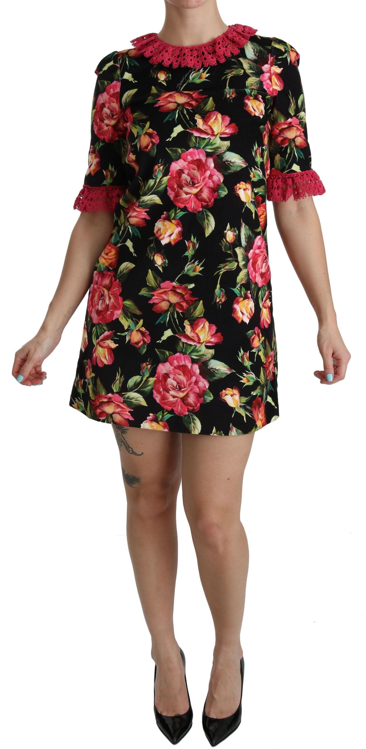 Dolce & Gabbana Rosa Spitzen-Minikleid mit Blumenmuster und A-Linie im Shift