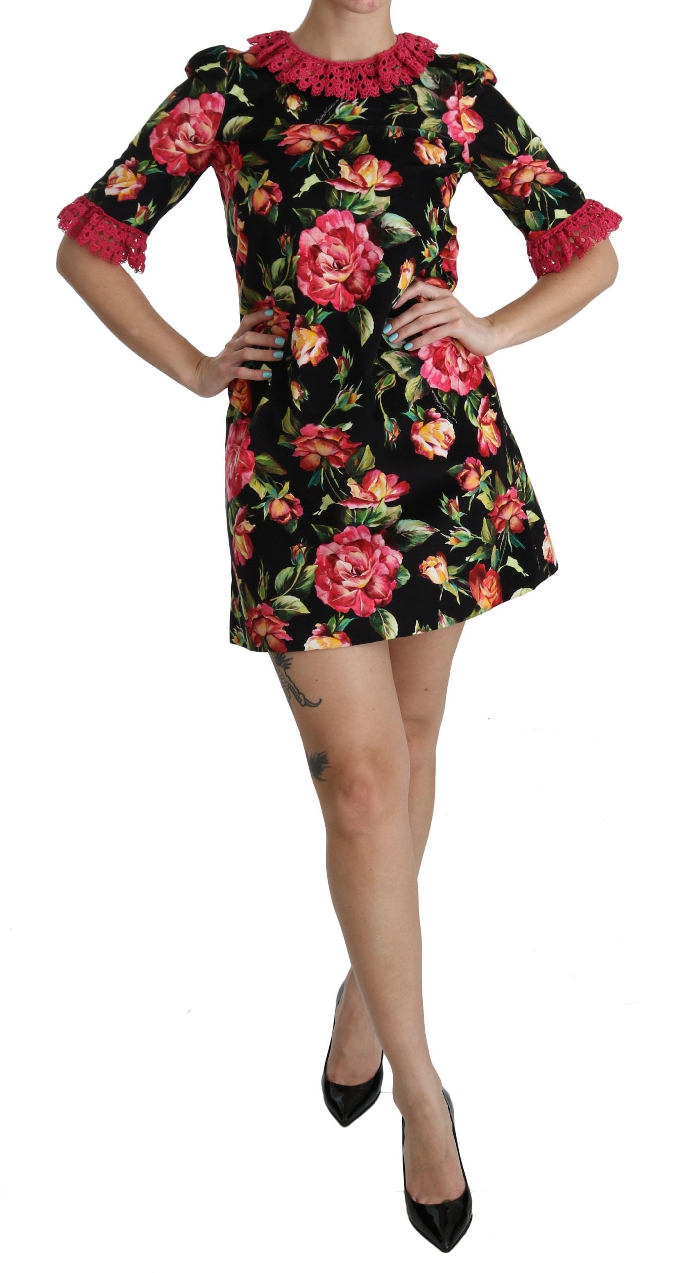 Dolce & Gabbana Rosa Spitzen-Minikleid mit Blumenmuster und A-Linie im Shift