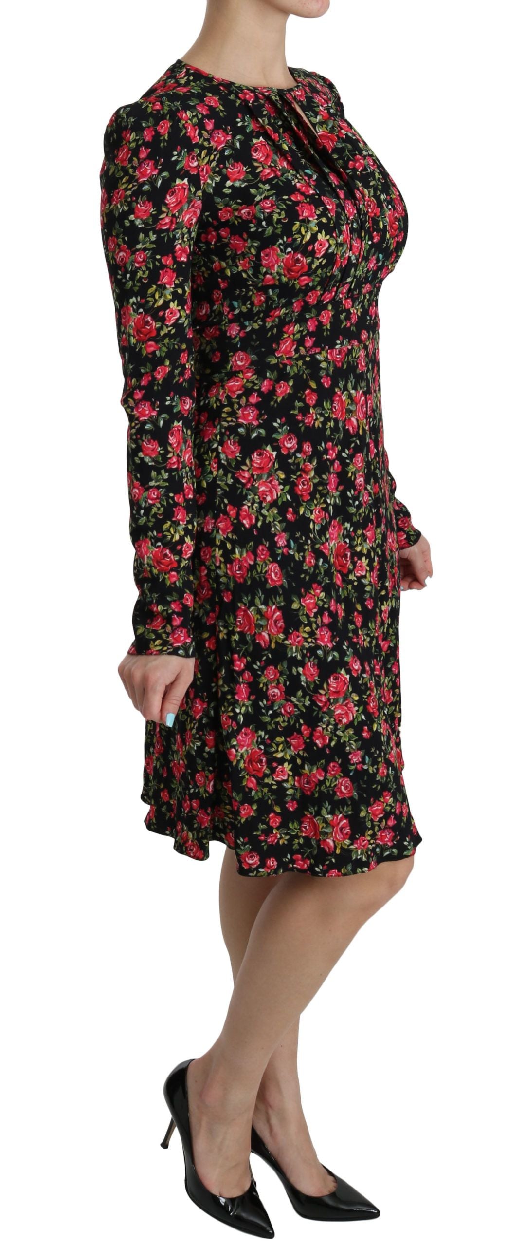 Dolce & Gabbana Schwarzes geblümtes langärmeliges, knielanges Kleid