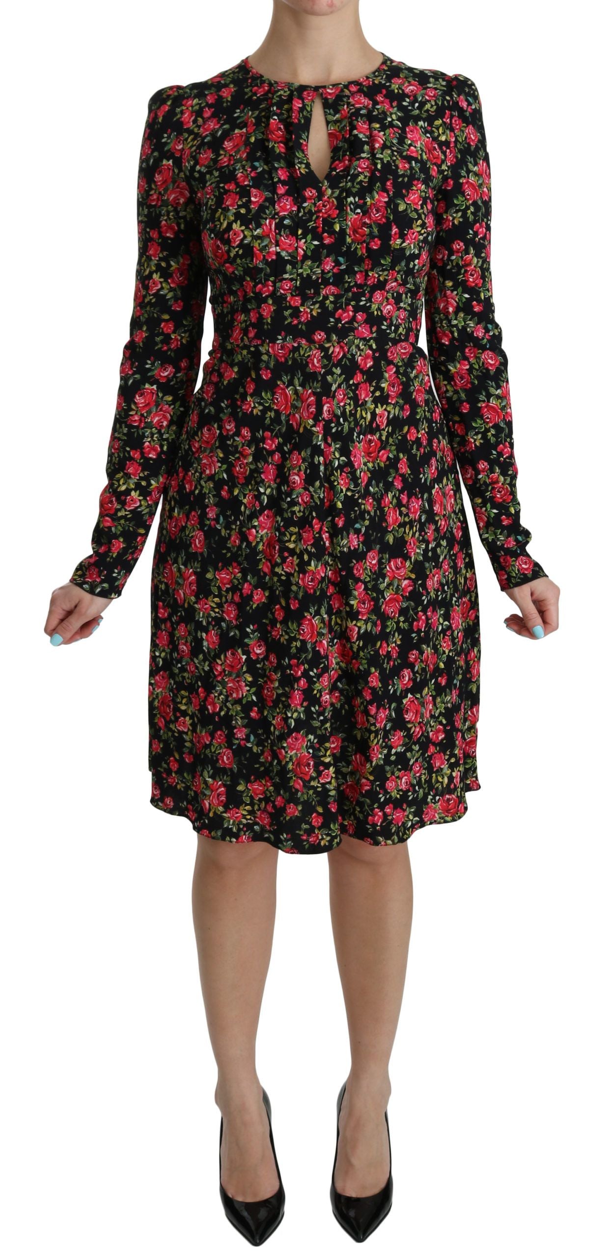 Dolce & Gabbana Schwarzes geblümtes langärmeliges, knielanges Kleid