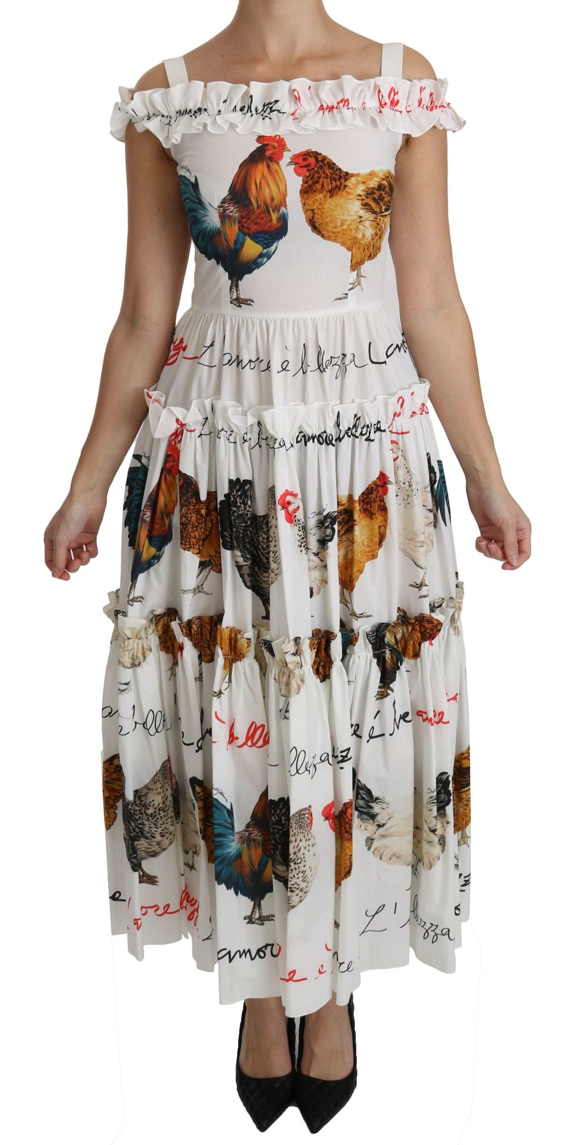 Dolce & Gabbana Weißer Hahn Etuikleid Midi aus Baumwolle