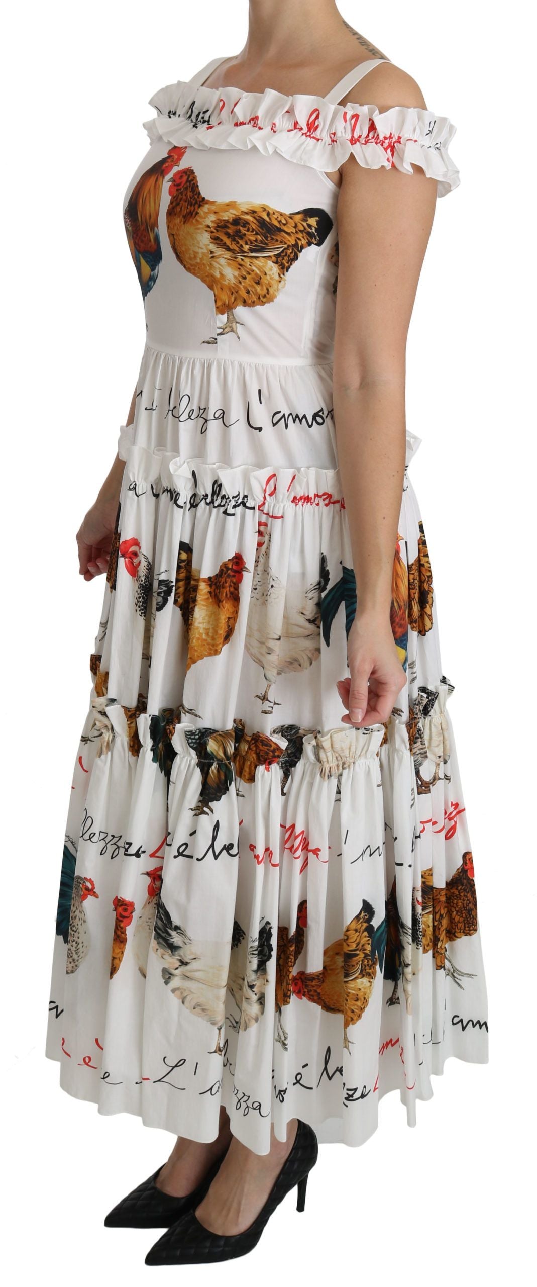 Dolce & Gabbana Weißer Hahn Etuikleid Midi aus Baumwolle