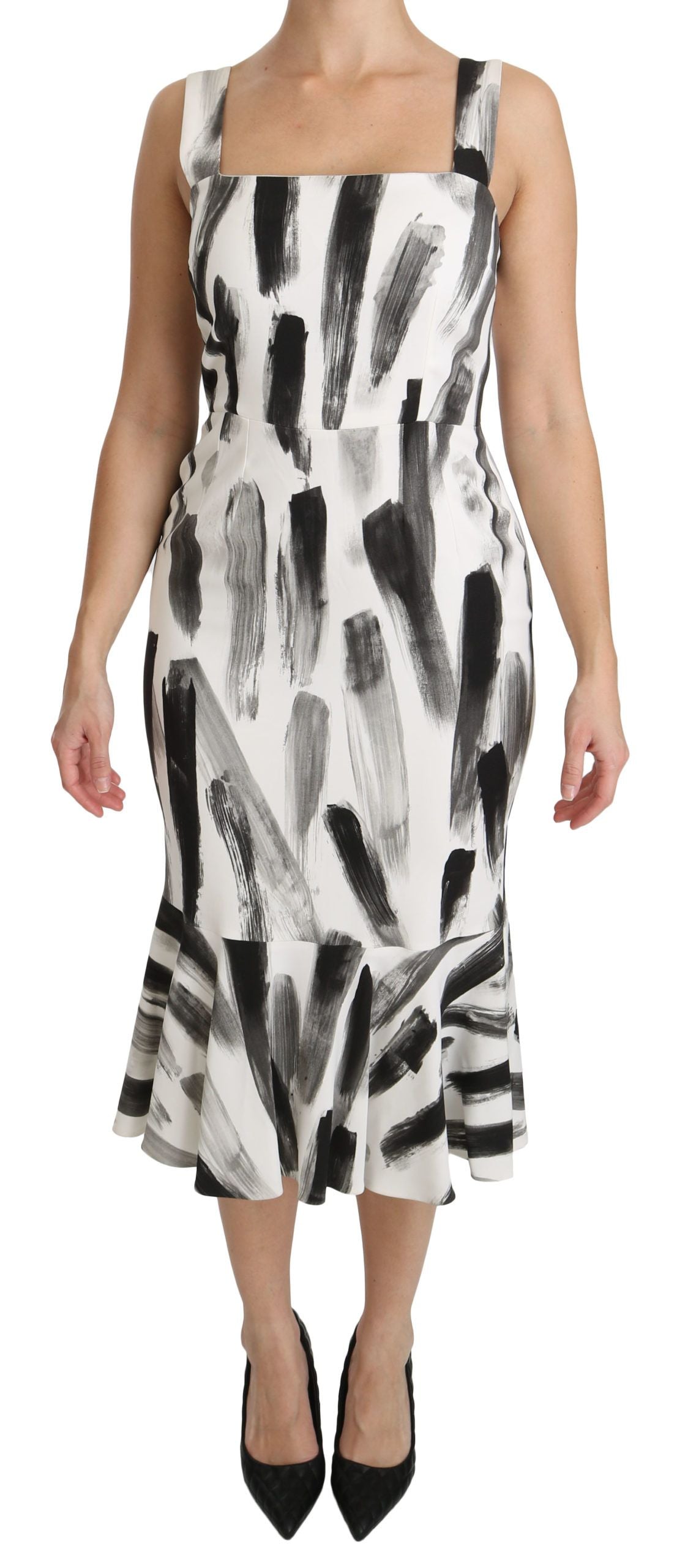 Dolce & Gabbana Weißes, schwarzes, bedrucktes Midi-Kleid aus Viskose