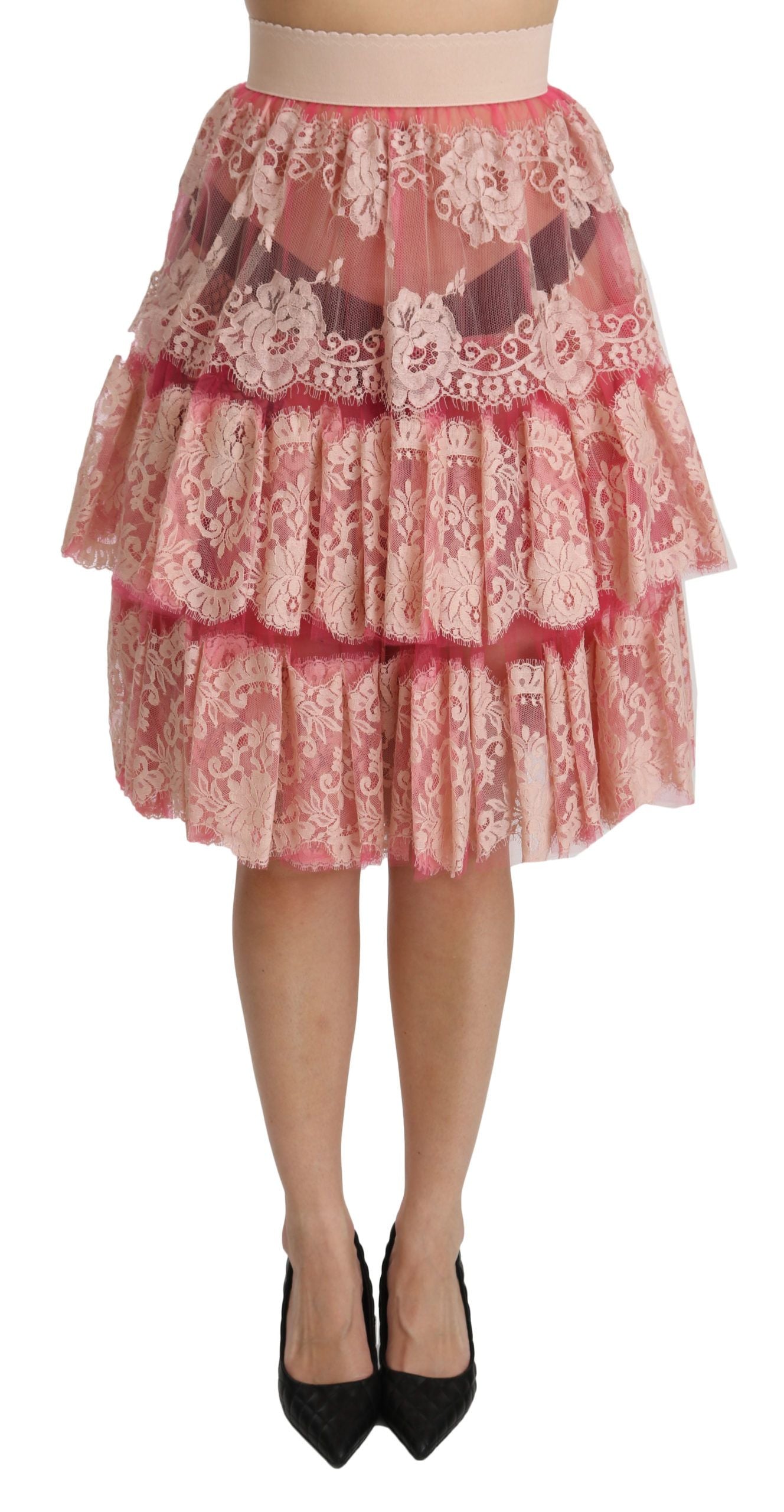 Dolce & Gabbana Rosa Spitze, geschichtet, hohe Taille, knielanger Rock