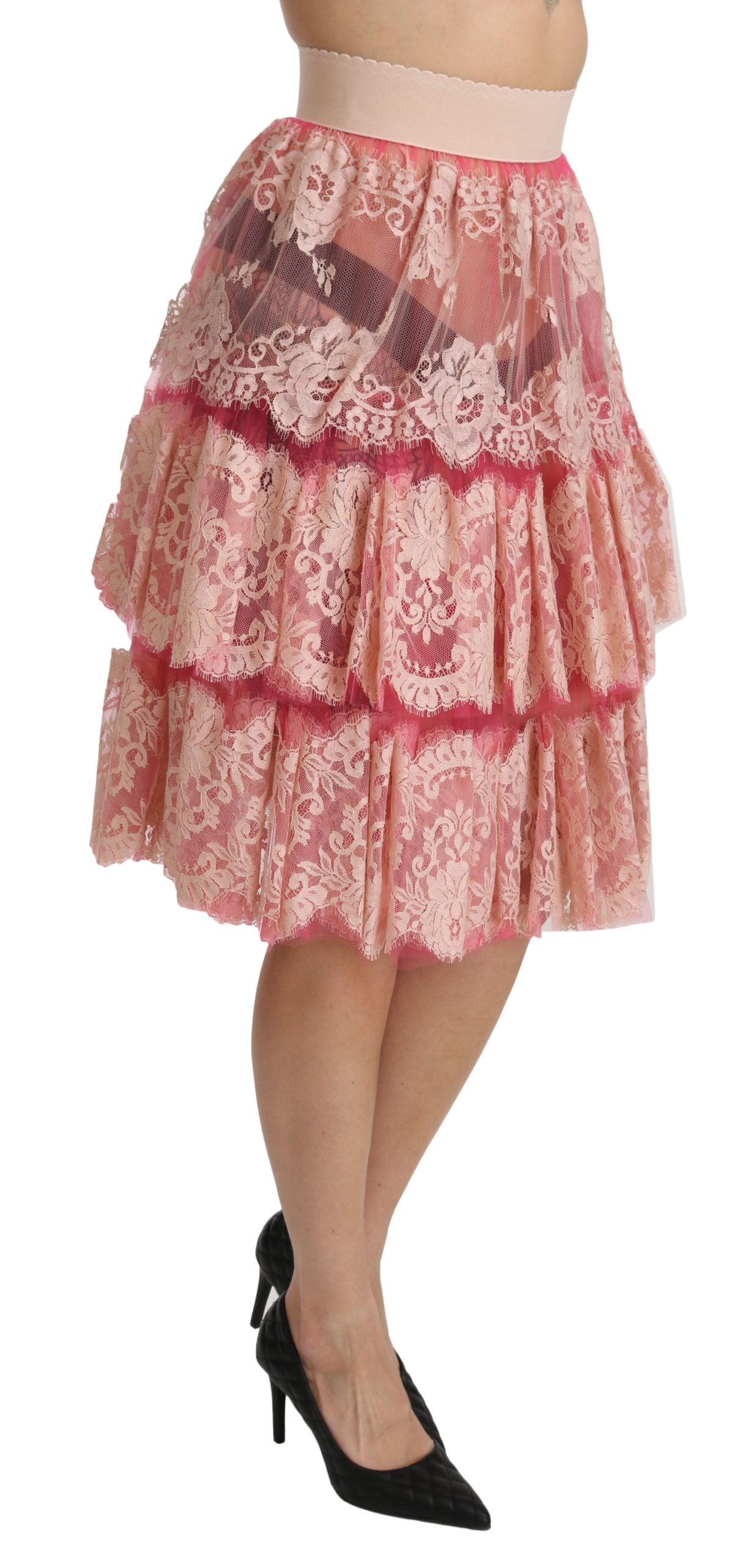 Dolce & Gabbana Rosa Spitze, geschichtet, hohe Taille, knielanger Rock