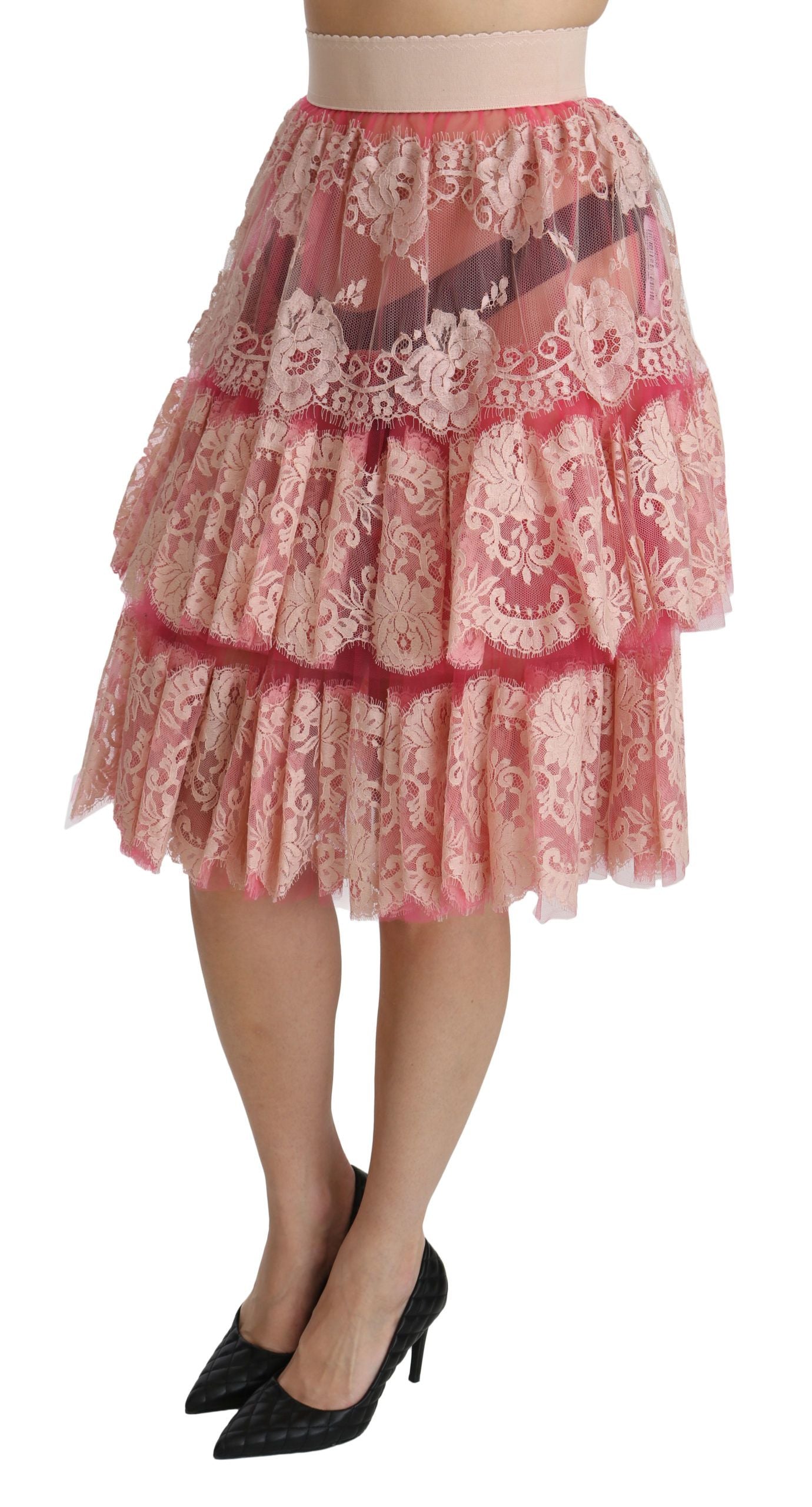 Dolce & Gabbana Rosa Spitze, geschichtet, hohe Taille, knielanger Rock