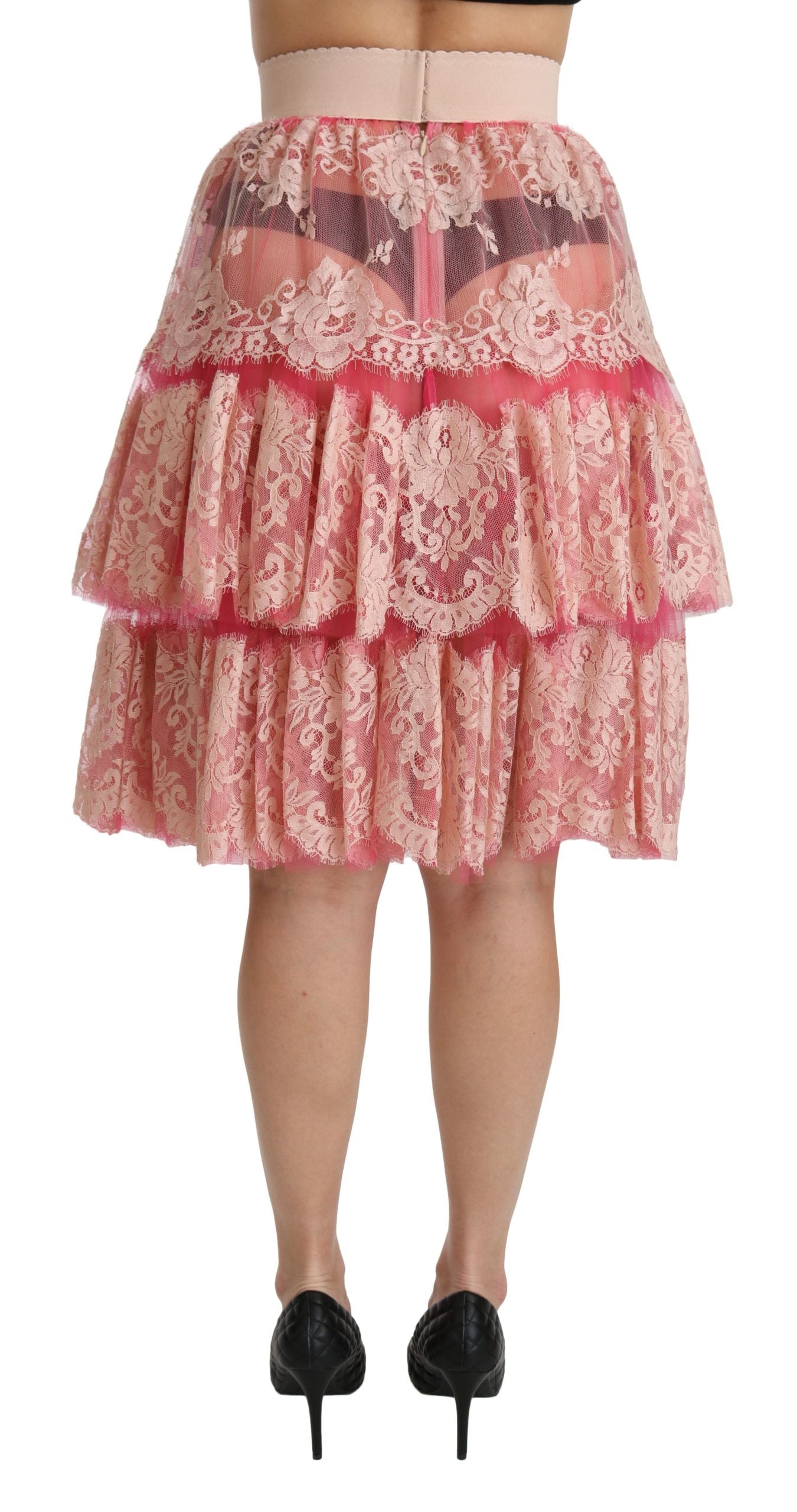 Dolce & Gabbana Rosa Spitze, geschichtet, hohe Taille, knielanger Rock
