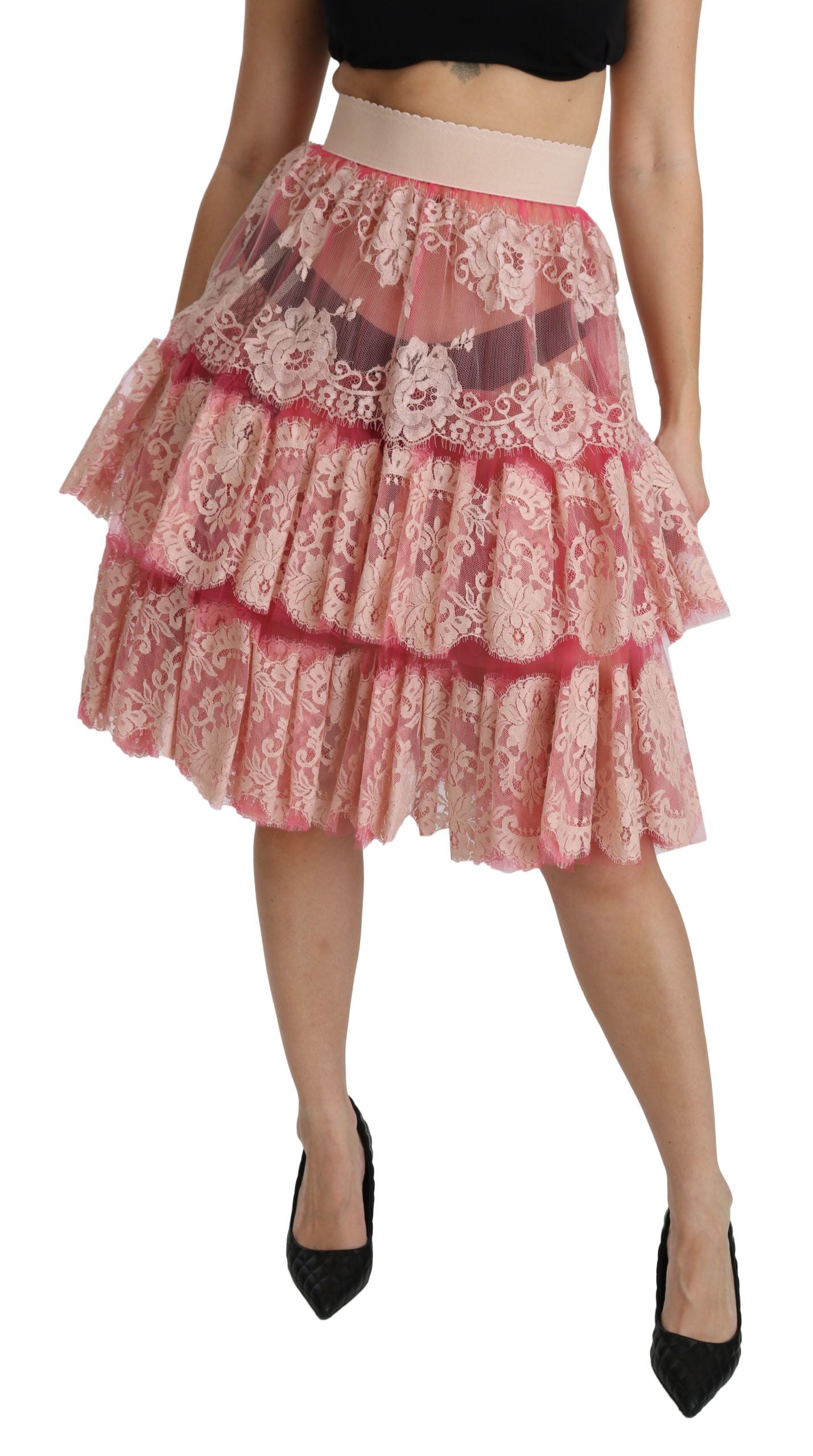Dolce & Gabbana Rosa Spitze, geschichtet, hohe Taille, knielanger Rock