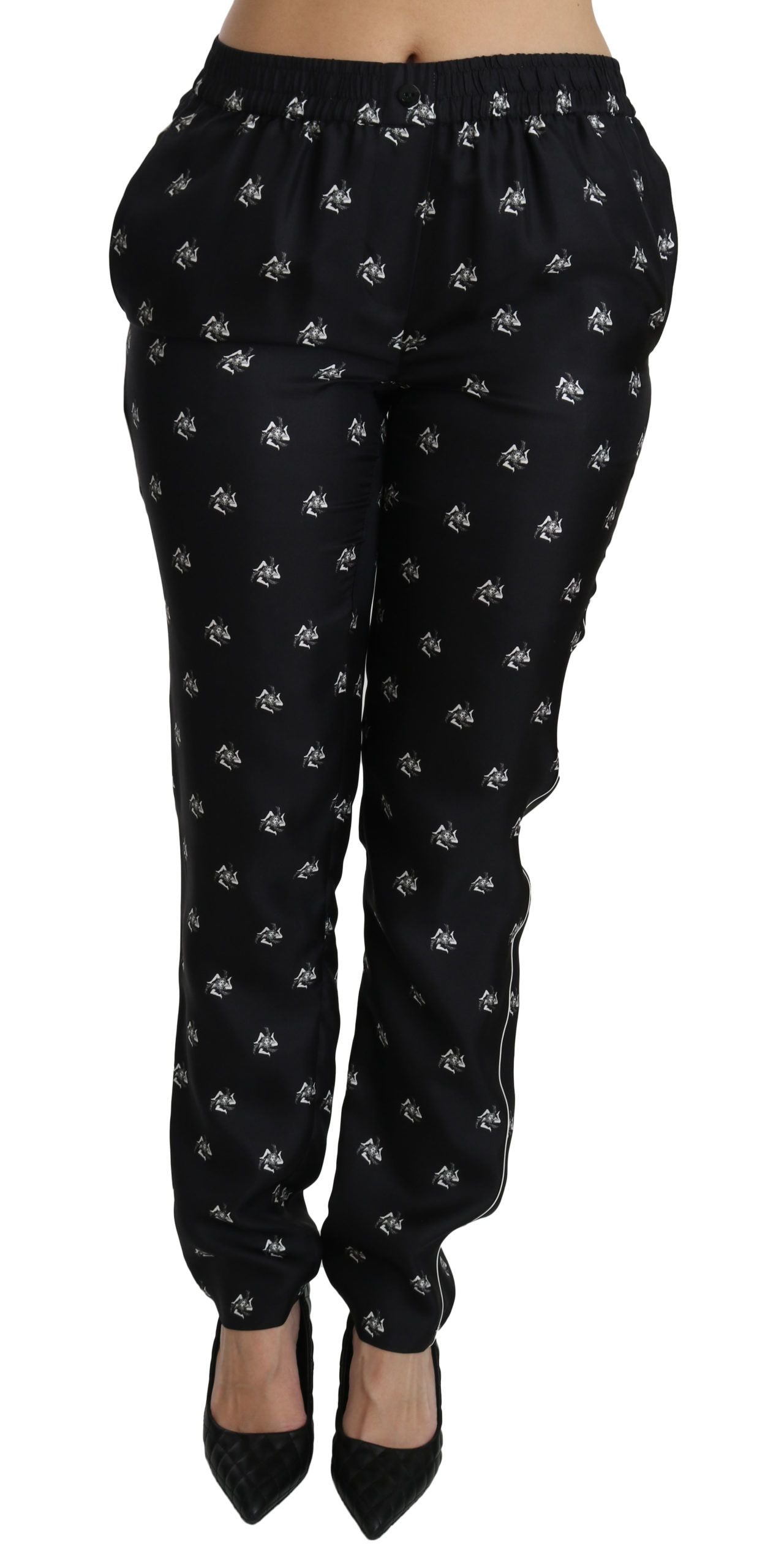 Dolce & Gabbana Schwarze bedruckte Skinny-Hose aus Seide mit mittlerer Taille