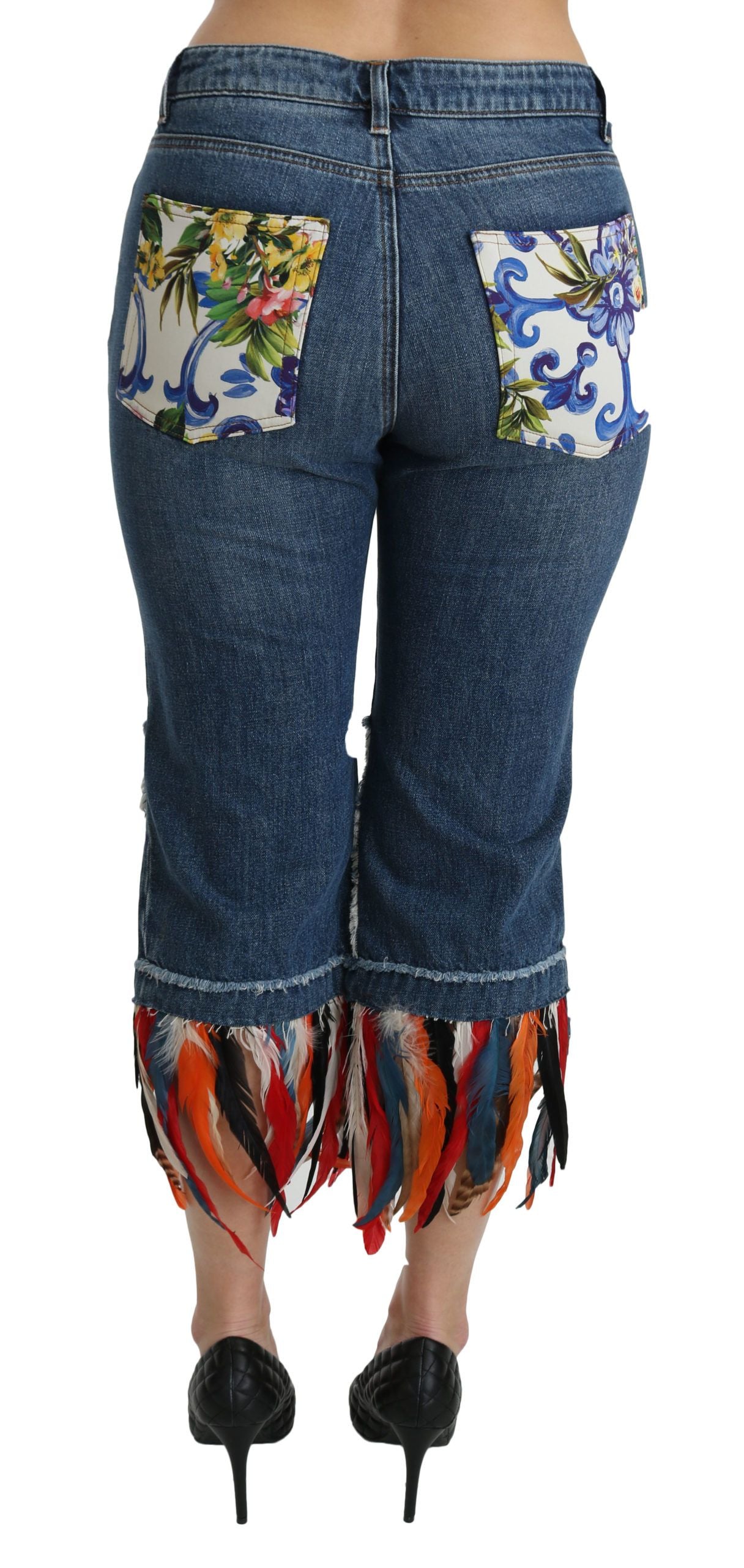 Dolce & Gabbana Blaue Federn Niedrig taillierte Jeans aus Baumwolle