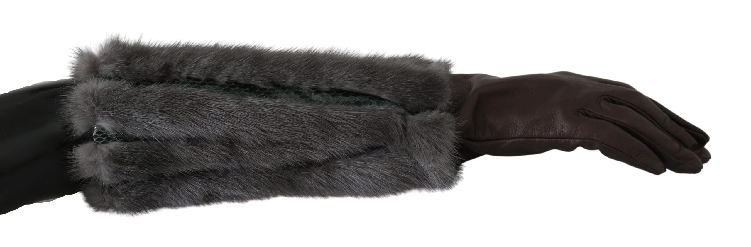 Dolce & Gabbana Braune Leder-Fellhandschuhe mittlerer Armlänge