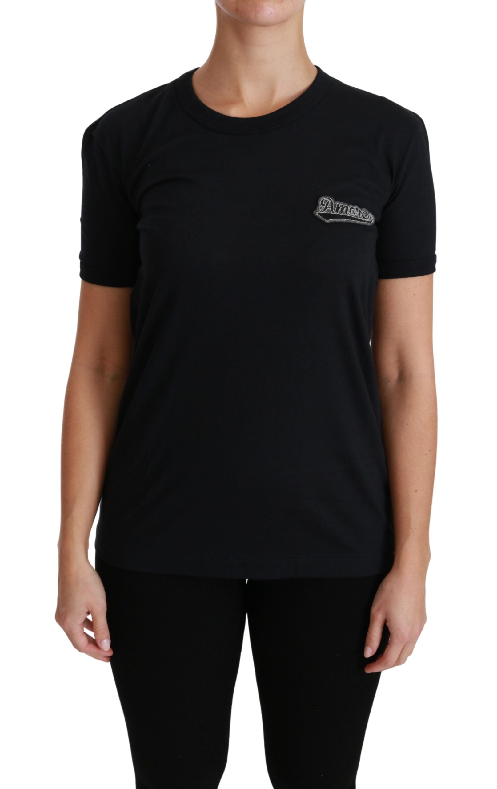 Dolce & Gabbana Blaues Amore Patch Baumwoll-T-Shirt mit Rundhalsausschnitt