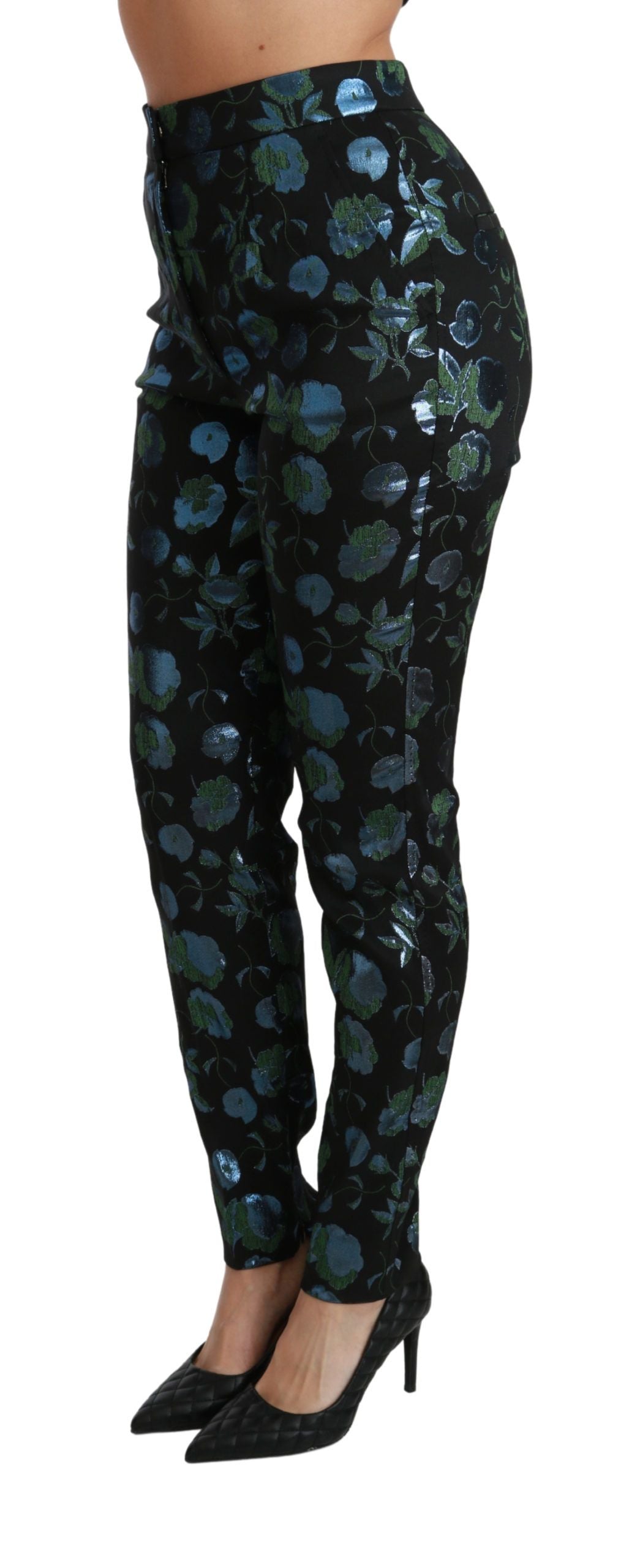 Dolce & Gabbana Blaugrüne Metallic-Hose mit Blumenmuster