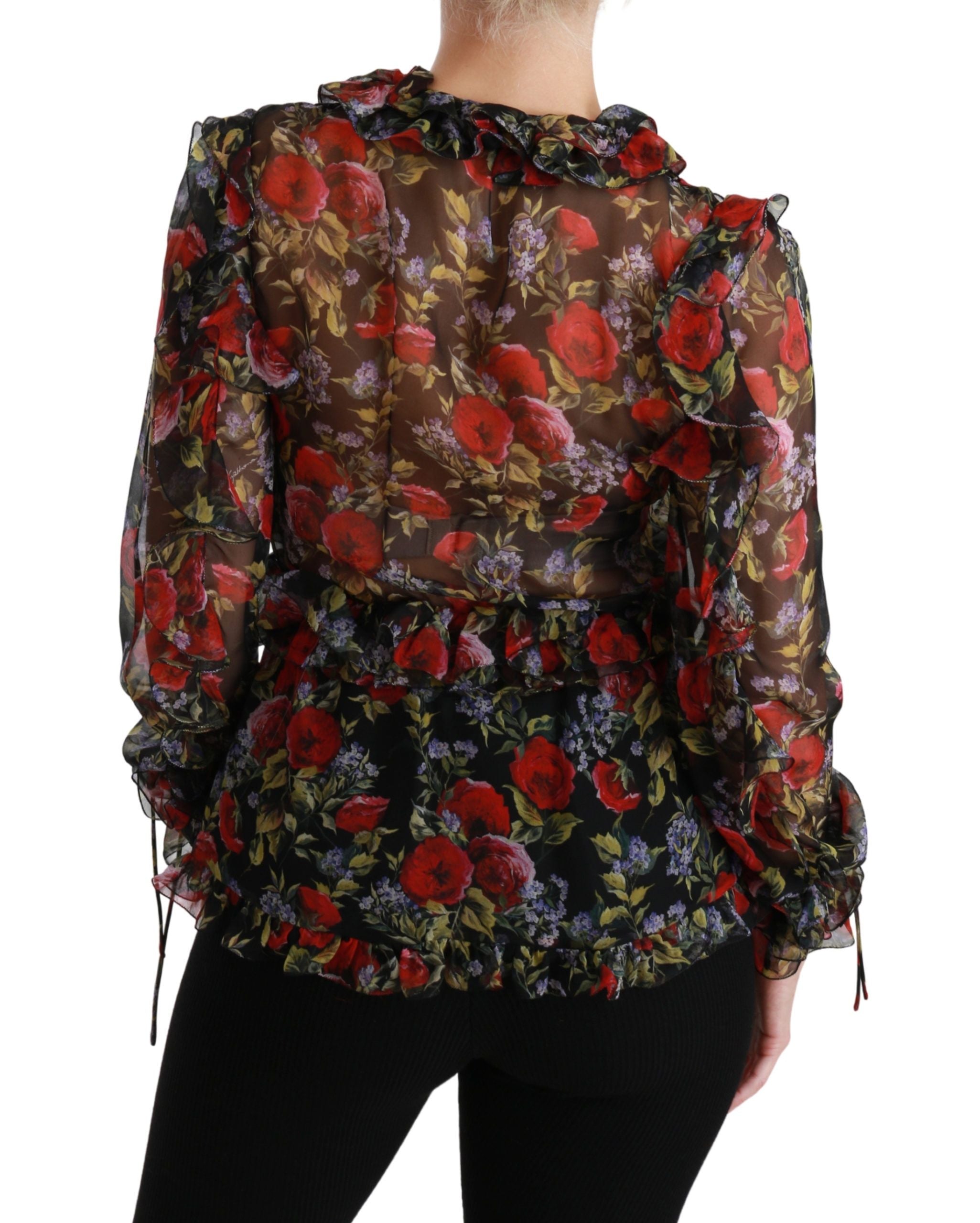 Dolce & Gabbana Schwarzes geblümtes Rosenblusentop aus Seide