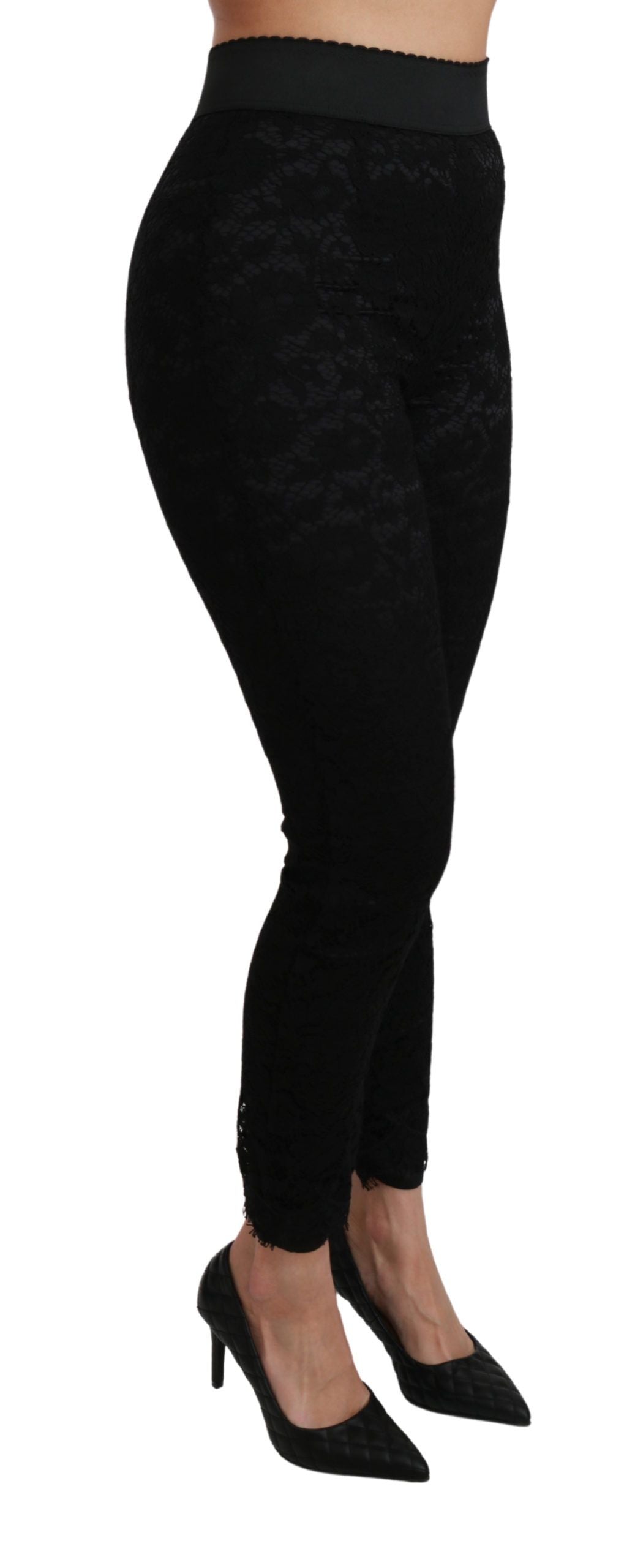 Dolce & Gabbana Schwarze Skinny Hose mit hoher Taille aus Baumwolle mit Spitze