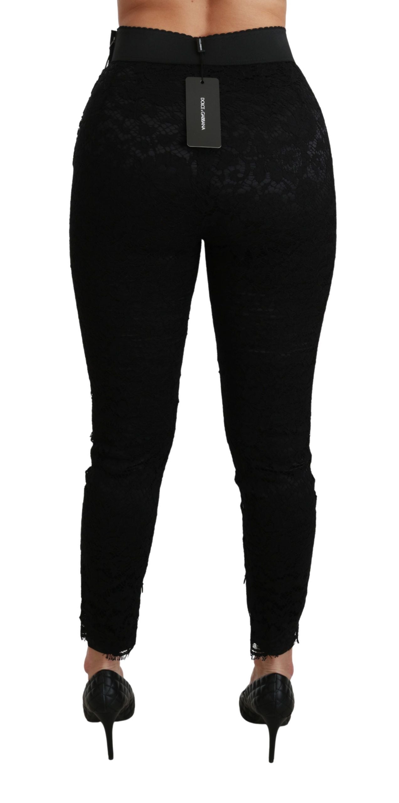 Dolce & Gabbana Schwarze Skinny Hose mit hoher Taille aus Baumwolle mit Spitze