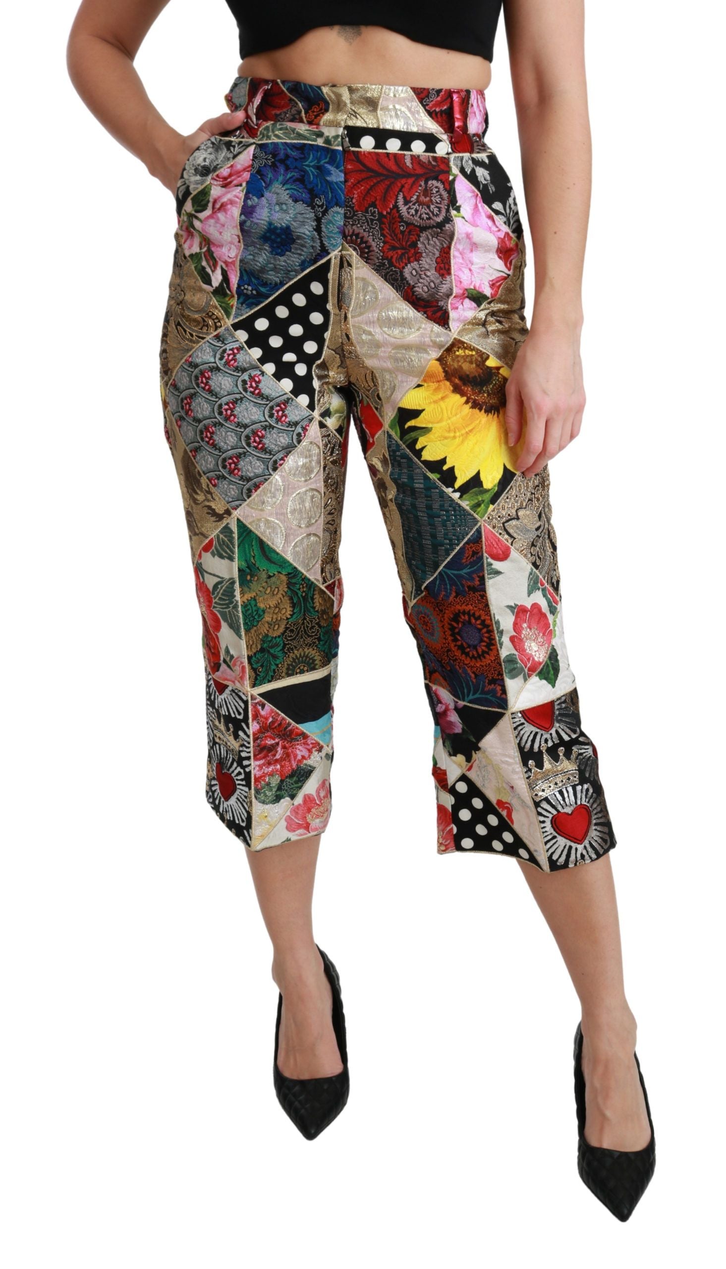 Dolce & Gabbana Mehrfarbig bedruckte Seidenhose mit hoher Taille und verkürzter Hose