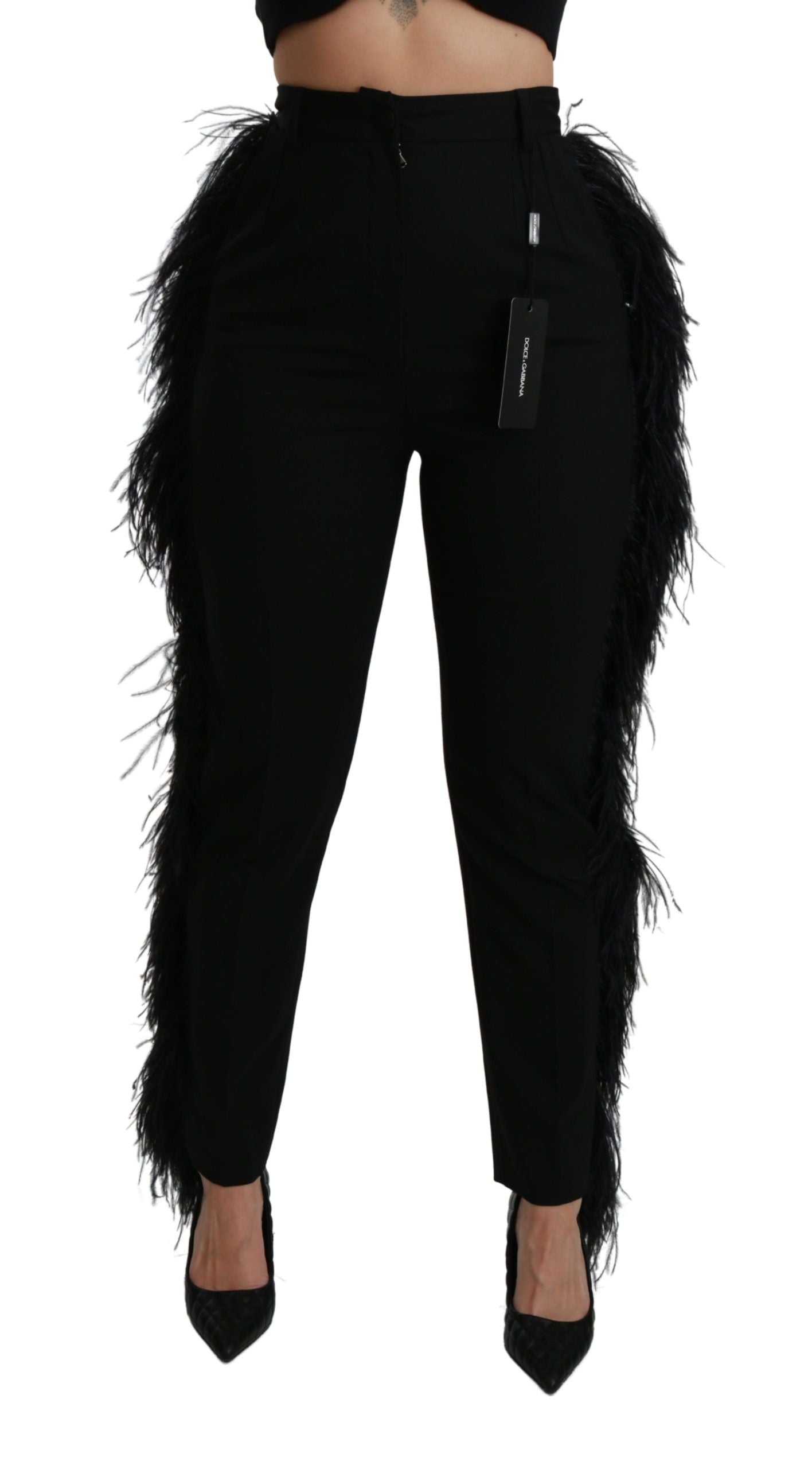 Dolce & Gabbana Schwarze Federhosen mit hoher Taille aus Wolle