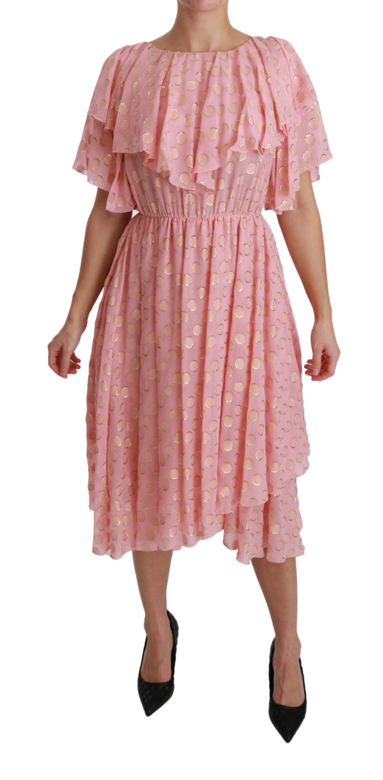Dolce & Gabbana Rosa gepunktetes, plissiertes Midikleid in A-Linie aus Seide