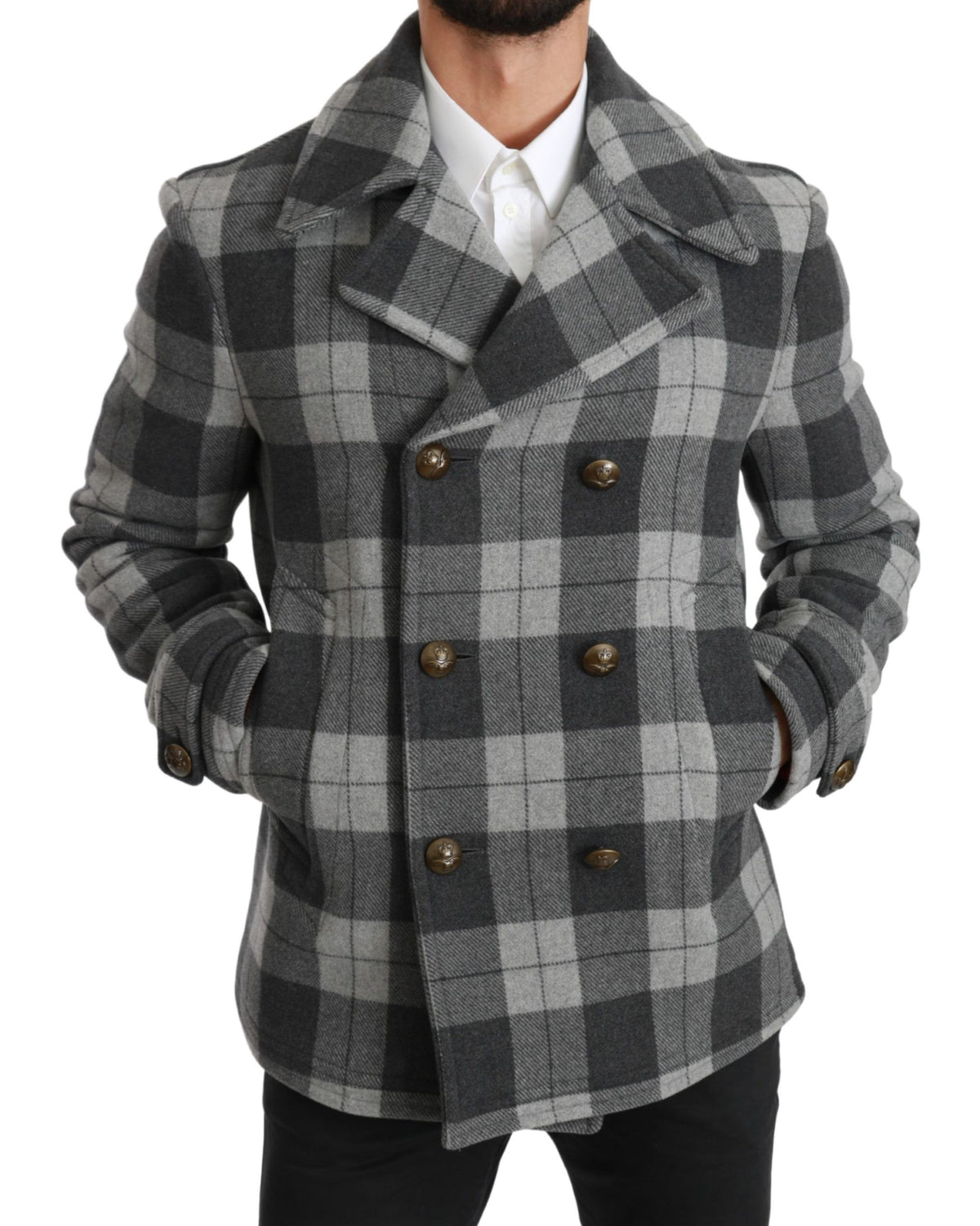 Dolce & Gabbana Grauer karierter Wollkaschmirmantel Jacke