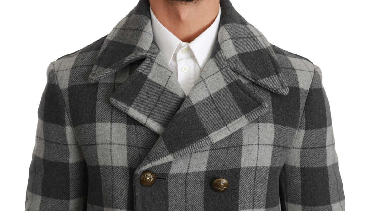 Dolce & Gabbana Grauer karierter Wollkaschmirmantel Jacke
