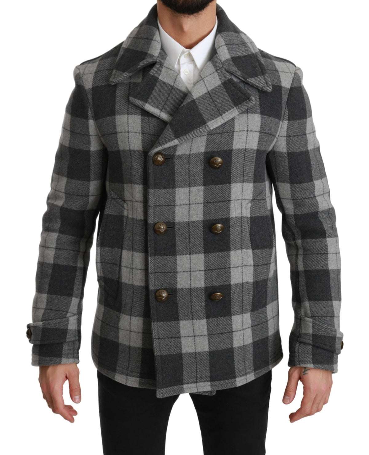 Dolce & Gabbana Grauer karierter Wollkaschmirmantel Jacke