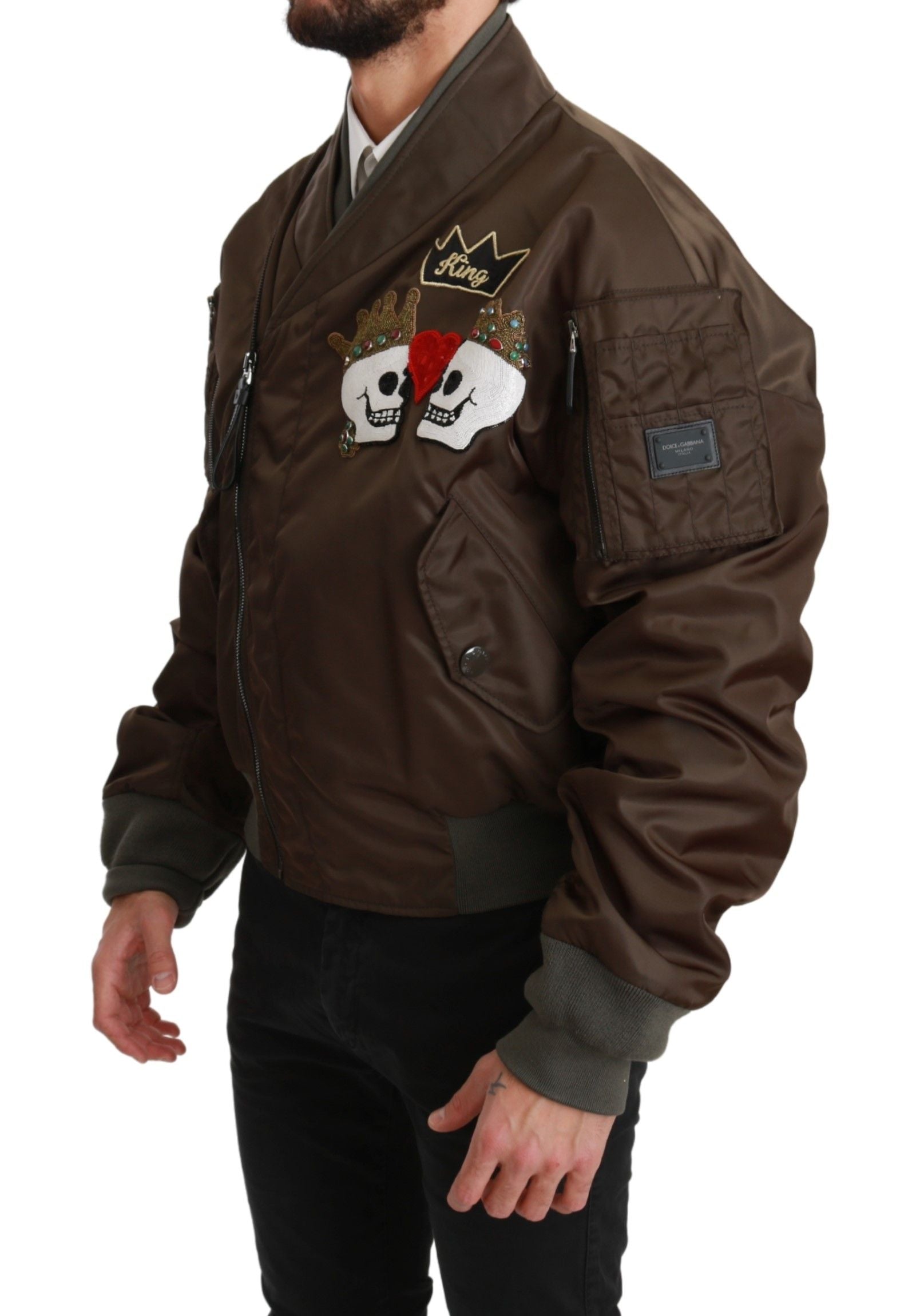 Dolce & Gabbana Braune Perlenkrone Totenkopf Logo Jacke