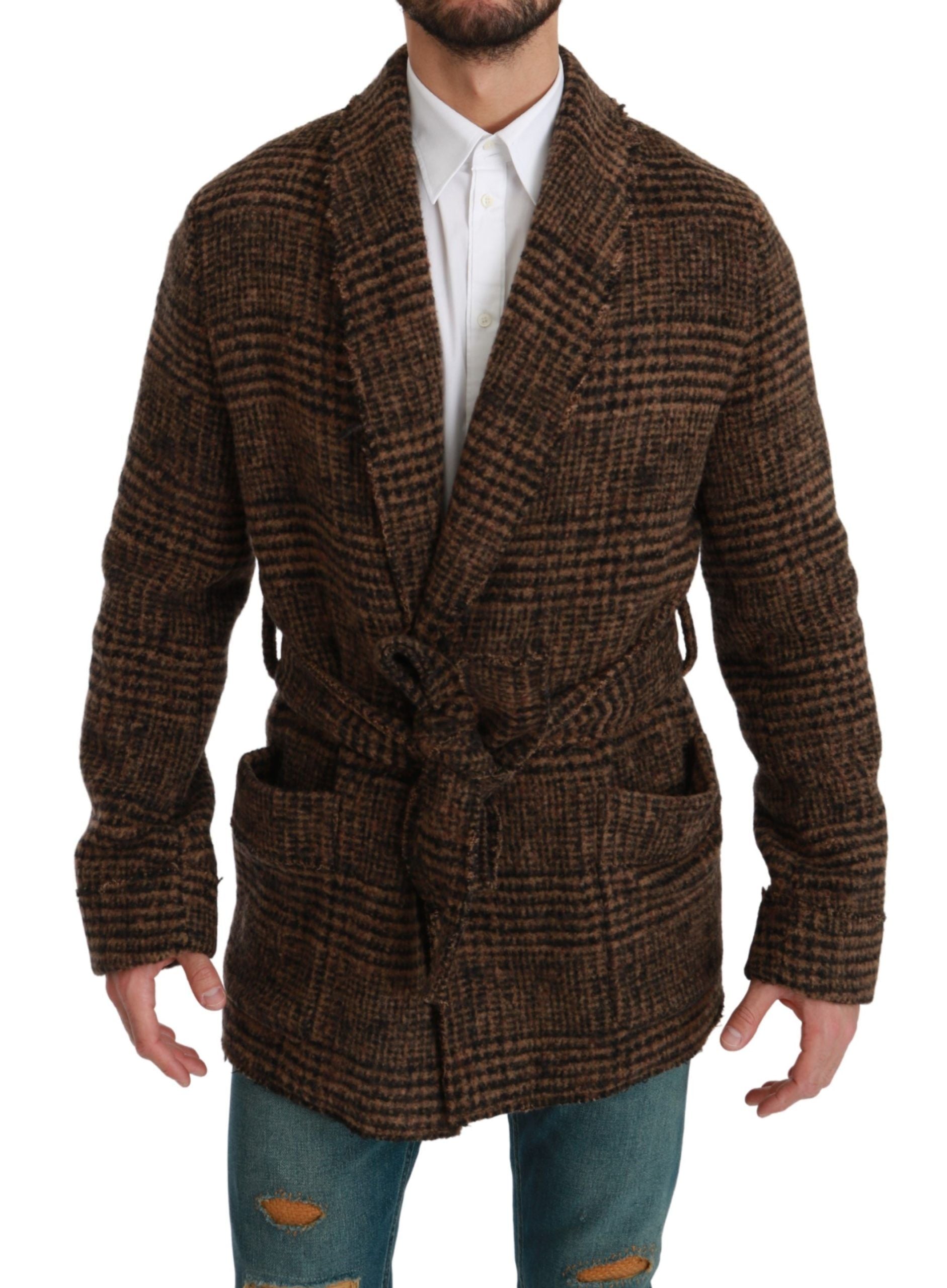Dolce & Gabbana Braun karierter Wollmantel Wickeljacke