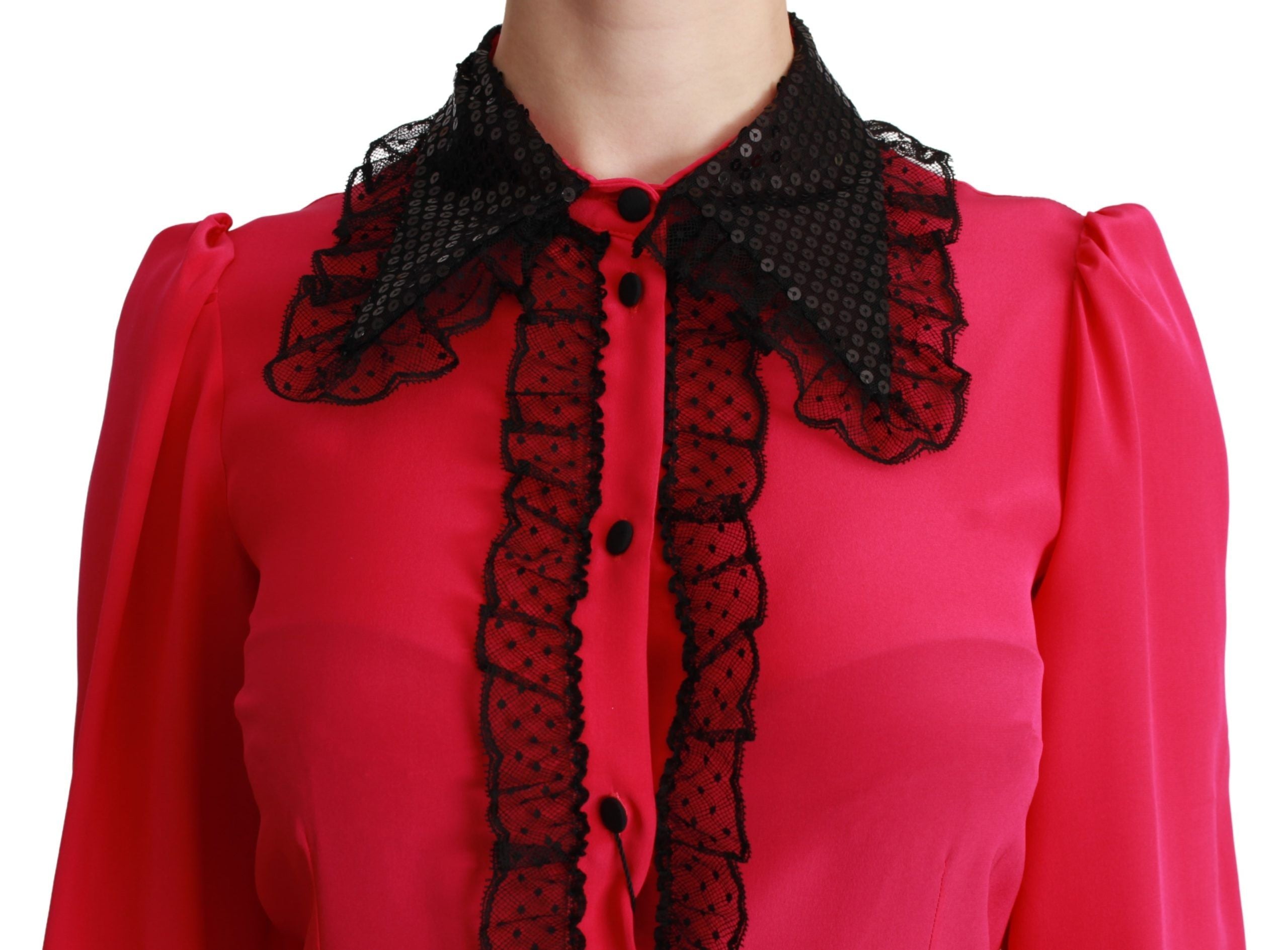 Dolce & Gabbana Rosa Seide Schwarz Pailletten Spitze Hemd Bluse