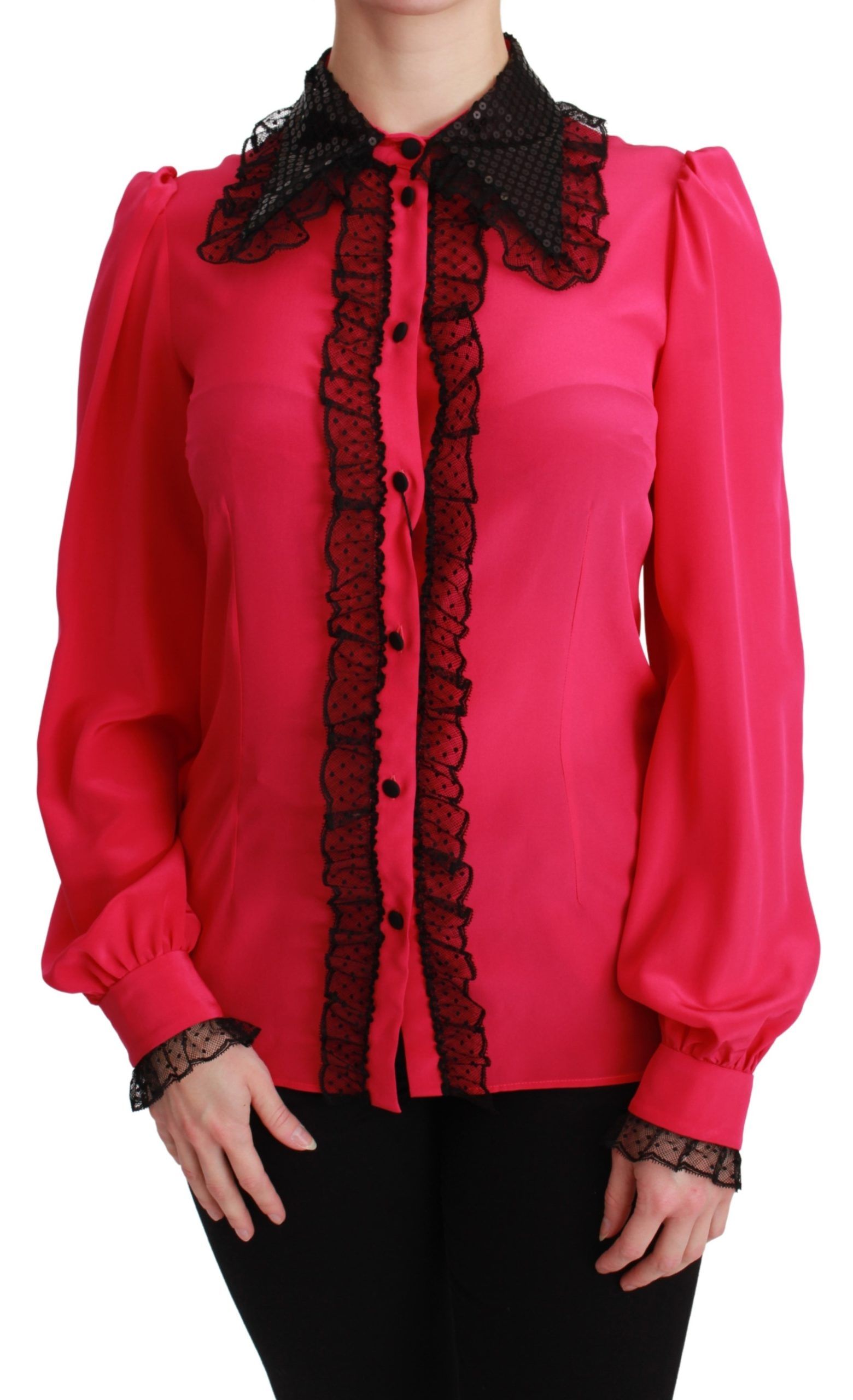 Dolce & Gabbana Rosa Seide Schwarz Pailletten Spitze Hemd Bluse