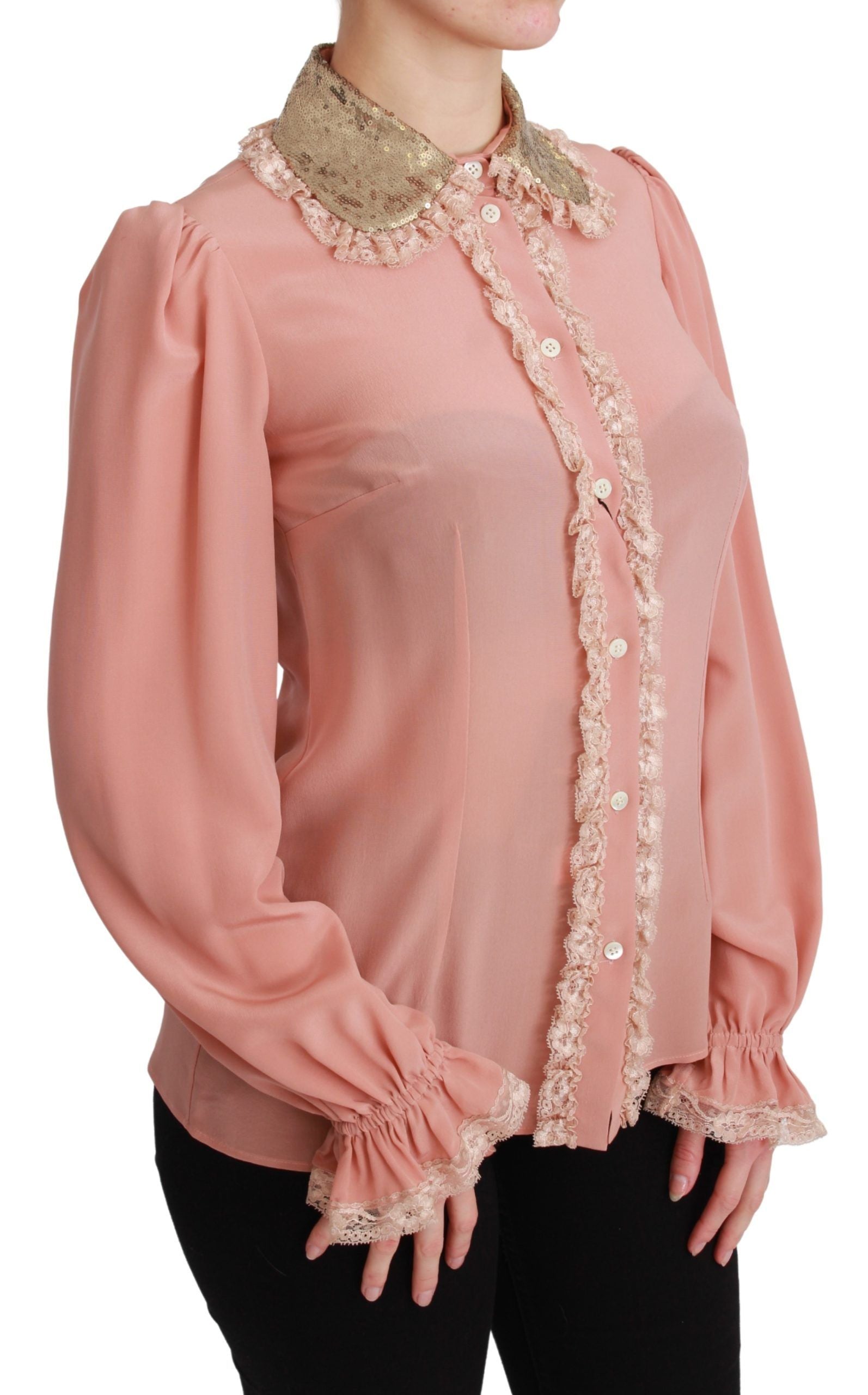 Dolce & Gabbana Rosa Seide Gold Pailletten Spitze Bluse Shirt