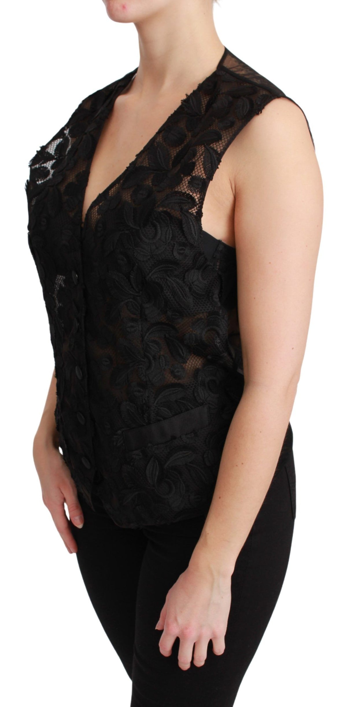 Dolce & Gabbana Schwarzes Brokat-Oberteil mit Blumenmuster Gilet-Weste