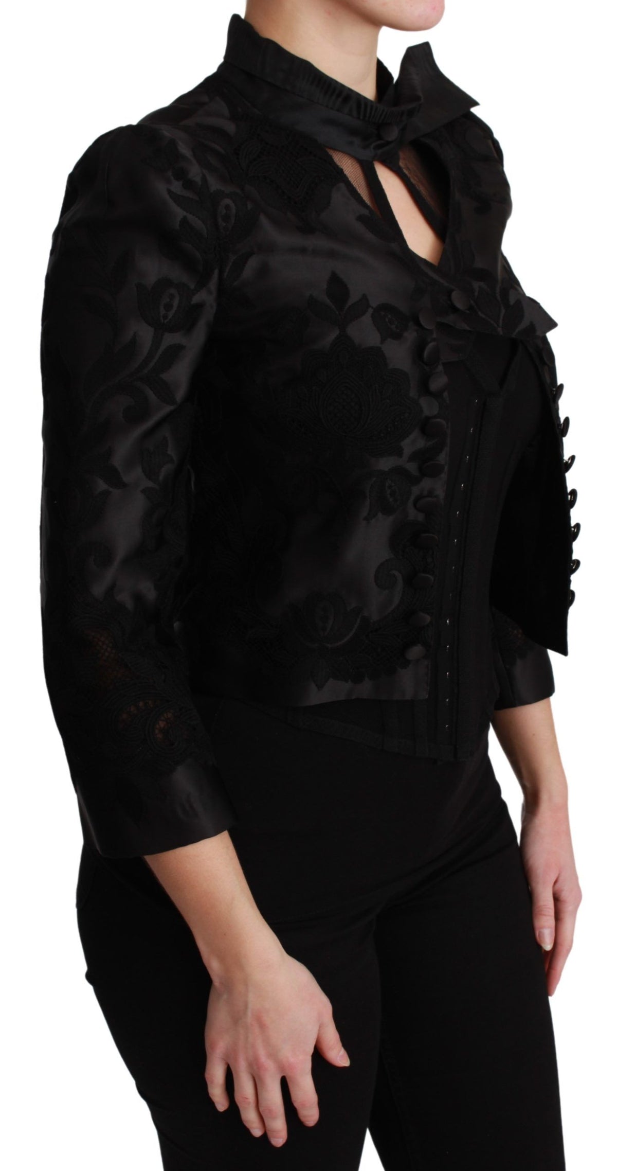 Dolce & Gabbana Schwarzer Jacquard-Blazer mit Blumenmuster Seidenjacke
